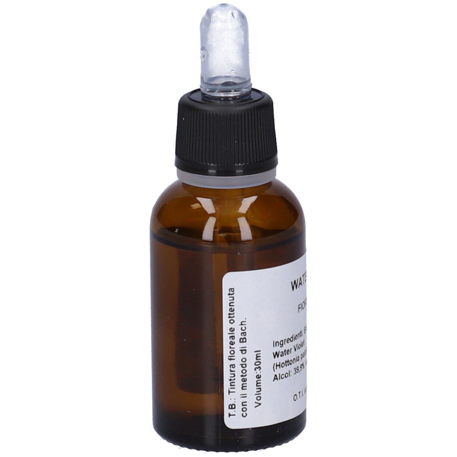 Flacone in vetro marrone con tappo nero e contagocce. Etichetta con informazioni sul prodotto. Water Violet.