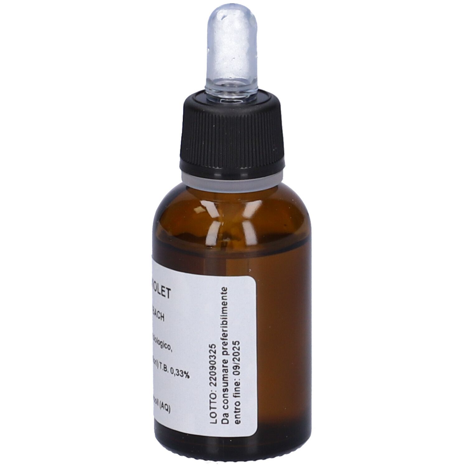Flacone in vetro marrone con tappo nero e contagocce. Etichetta con informazioni sul prodotto. Water Violet.