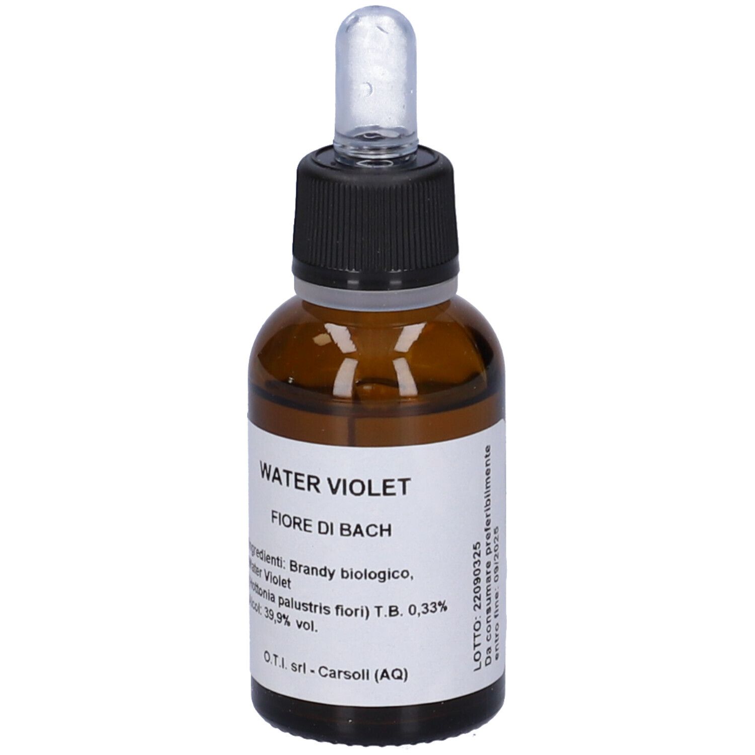 Flacone in vetro marrone con tappo nero e contagocce. Etichetta con informazioni sul prodotto. Water Violet.