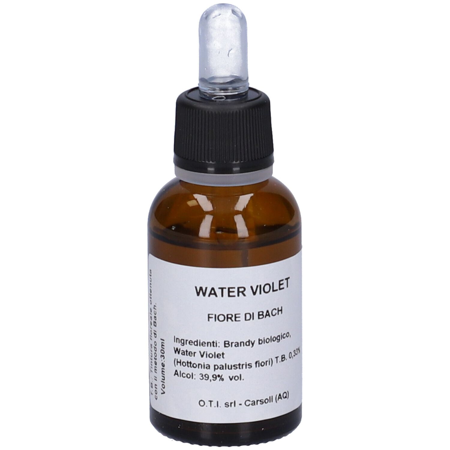 Flacone in vetro marrone con tappo nero e contagocce. Etichetta con informazioni sul prodotto. Water Violet.