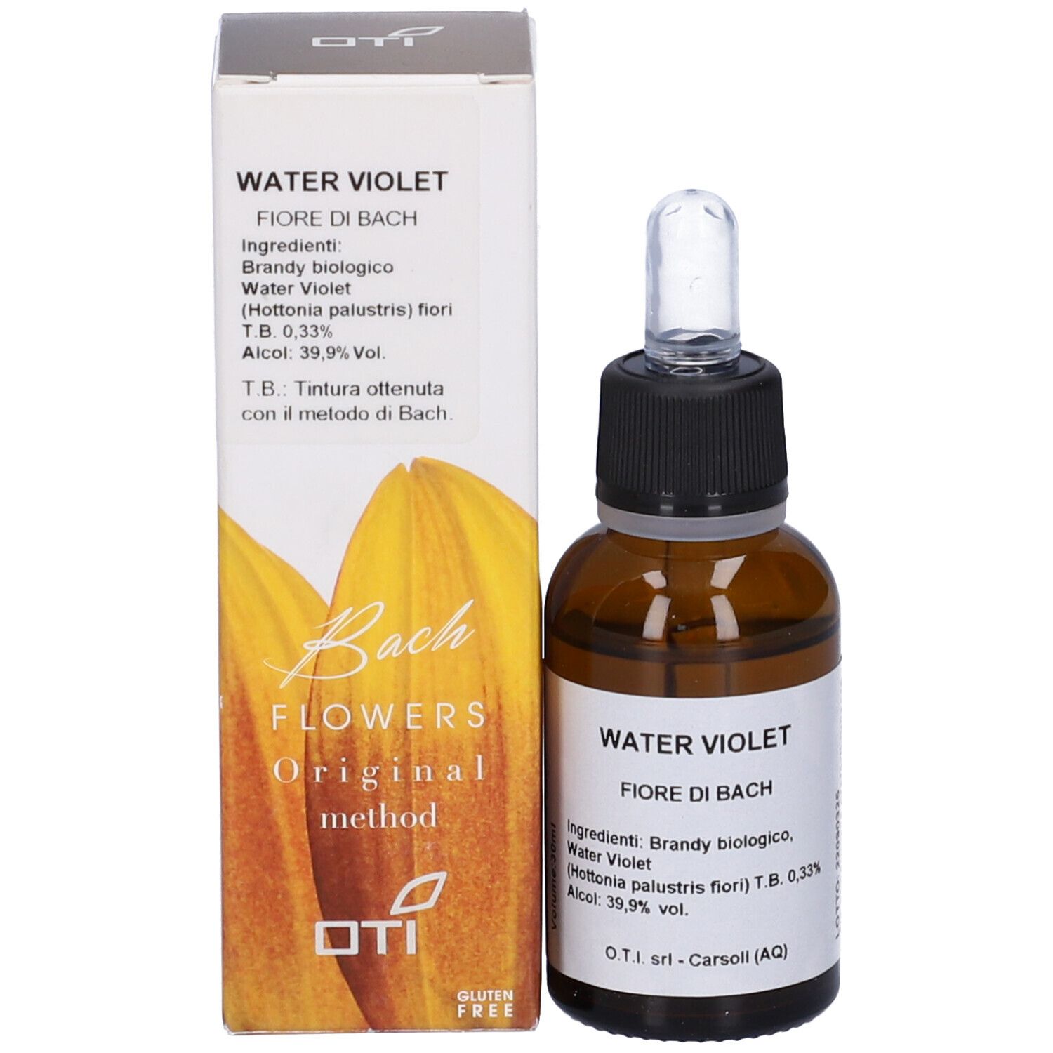 Flacone in vetro marrone con tappo nero e contagocce, accanto a una scatola. Water Violet.
