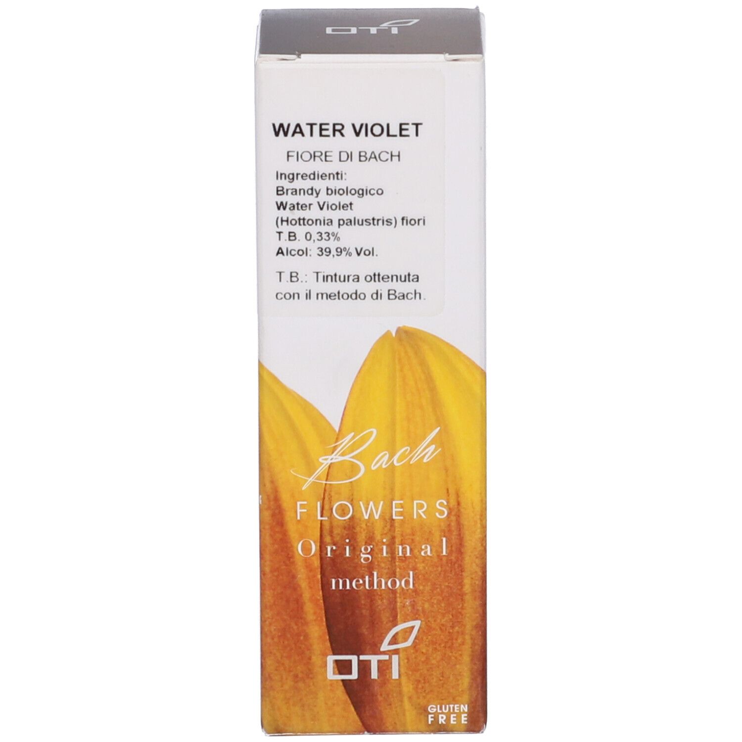 Scatola con informazioni sul prodotto e fiori gialli. Water Violet.