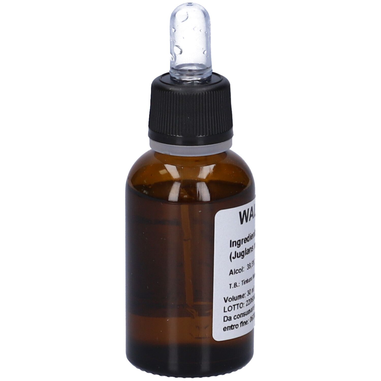 Flacone di vetro marrone con contagocce. Etichetta con testo: WALNUT, ingredienti, volume 30 ml. Flacone contagocce.