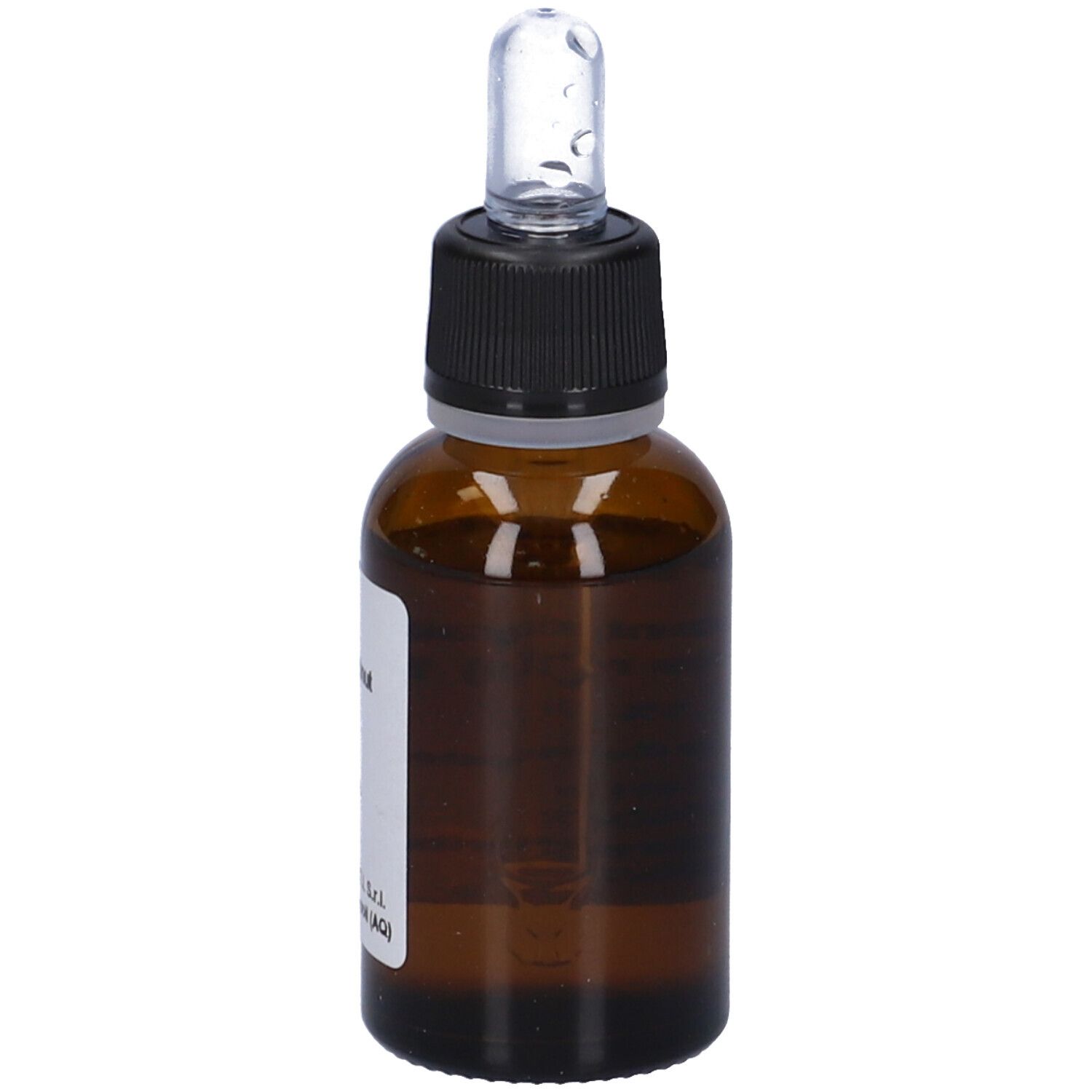 Flacone di vetro marrone con contagocce. Etichetta con testo: WALNUT, ingredienti, volume 30 ml. Flacone contagocce.
