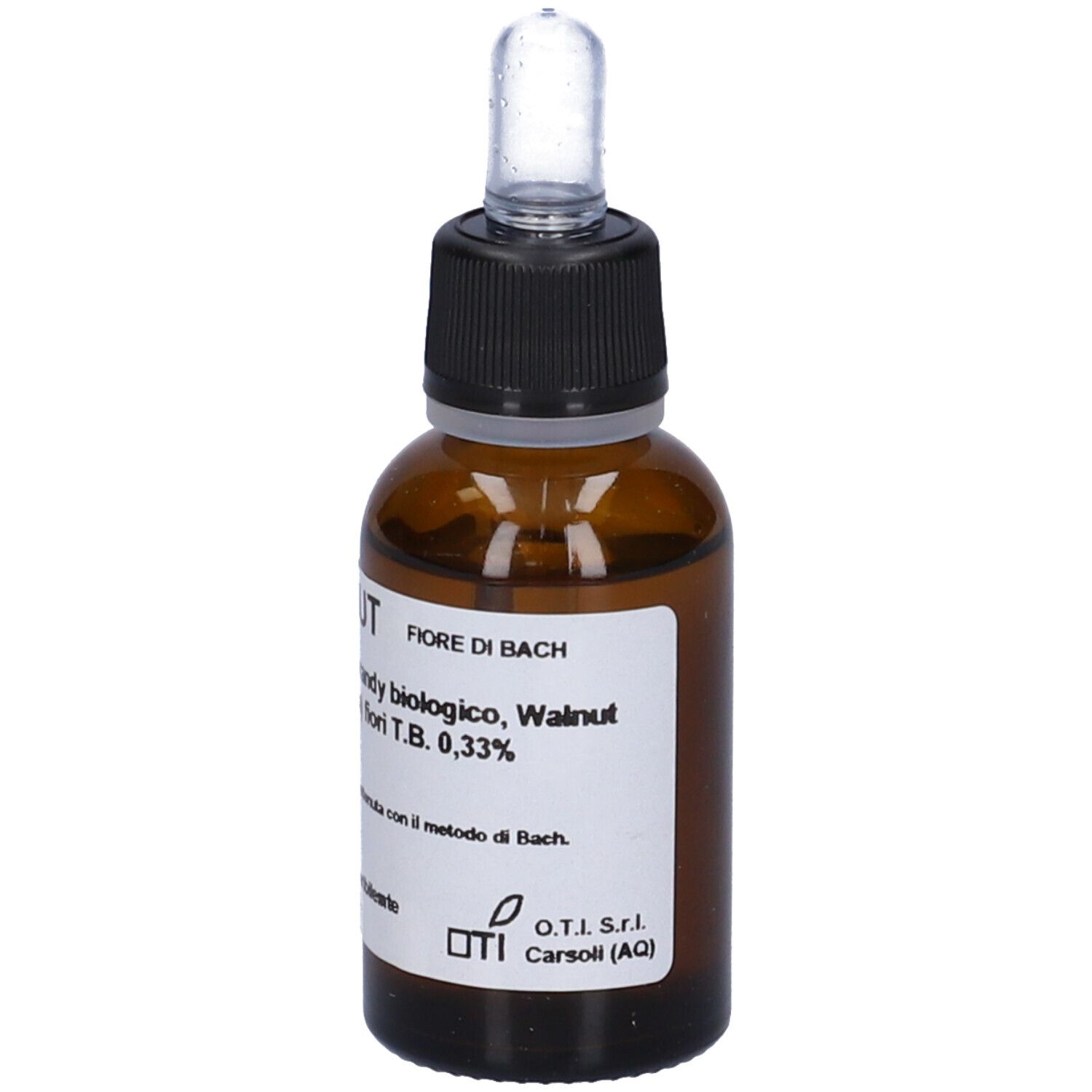 Flacone di vetro marrone con contagocce. Etichetta con testo: WALNUT, ingredienti, volume 30 ml. Flacone contagocce.