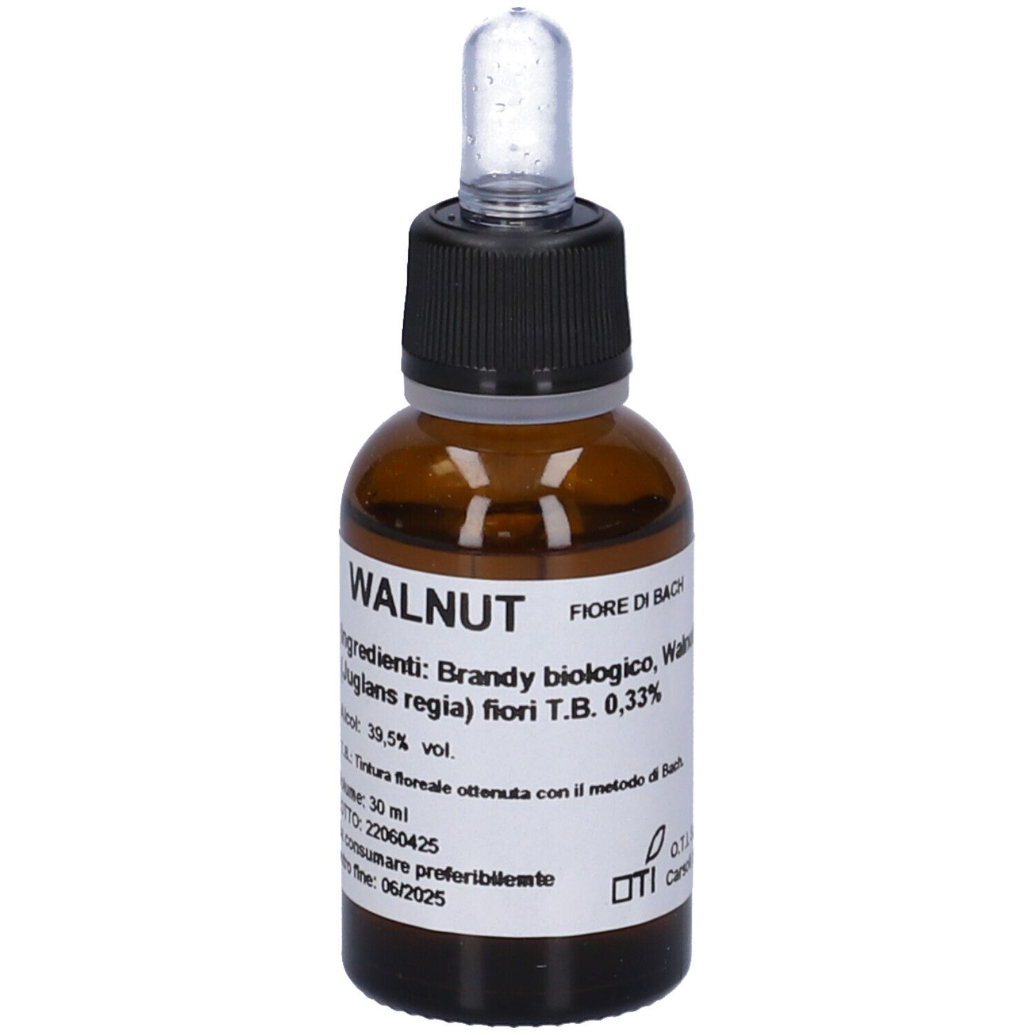 Flacone di vetro marrone con contagocce. Etichetta con testo: WALNUT, ingredienti, volume 30 ml. Flacone contagocce.