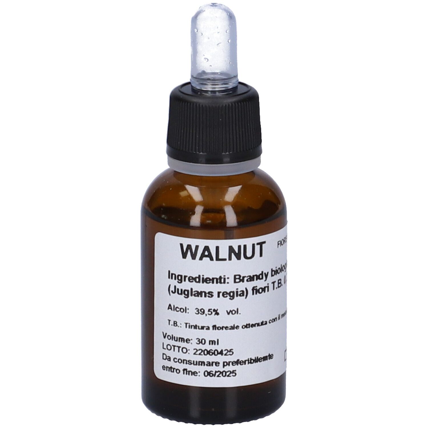 Flacone di vetro marrone con contagocce. Etichetta con testo: WALNUT, ingredienti, volume 30 ml. Flacone contagocce.