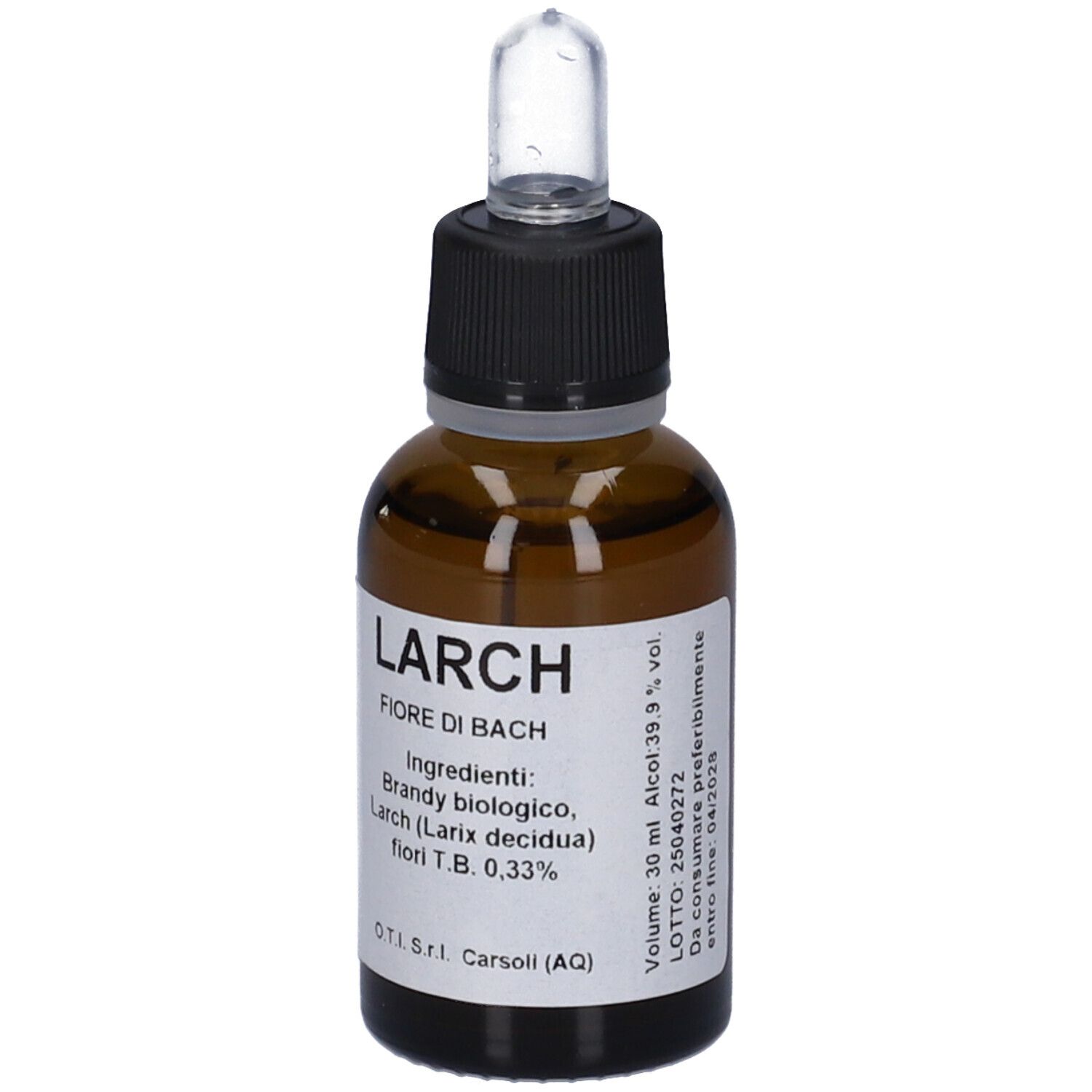 Flacone di vetro marrone con tappo nero e pipetta. Etichetta con informazioni sul prodotto. LARCH, Fiore di Bach.