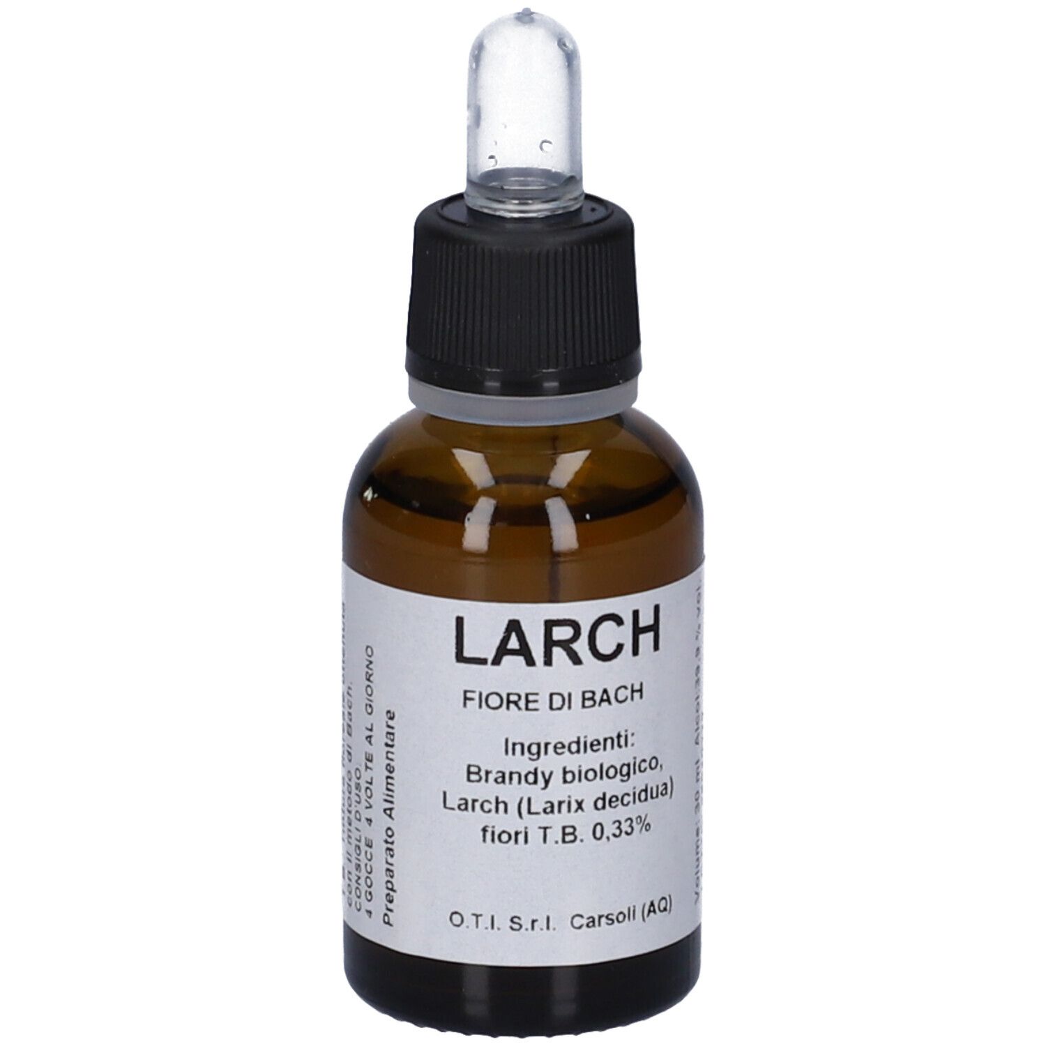 Flacone di vetro marrone con tappo nero e pipetta. Etichetta con informazioni sul prodotto. LARCH, Fiore di Bach.
