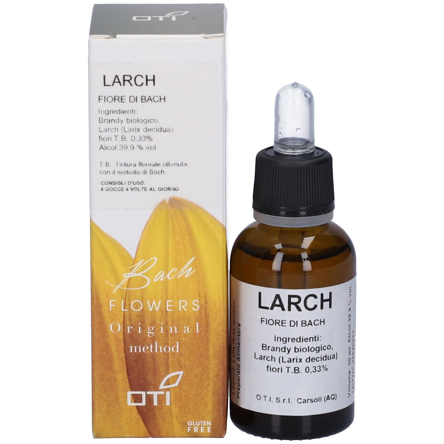 Flacone di vetro marrone con tappo nero e pipetta accanto a una scatola bianca. LARCH, Fiore di Bach.