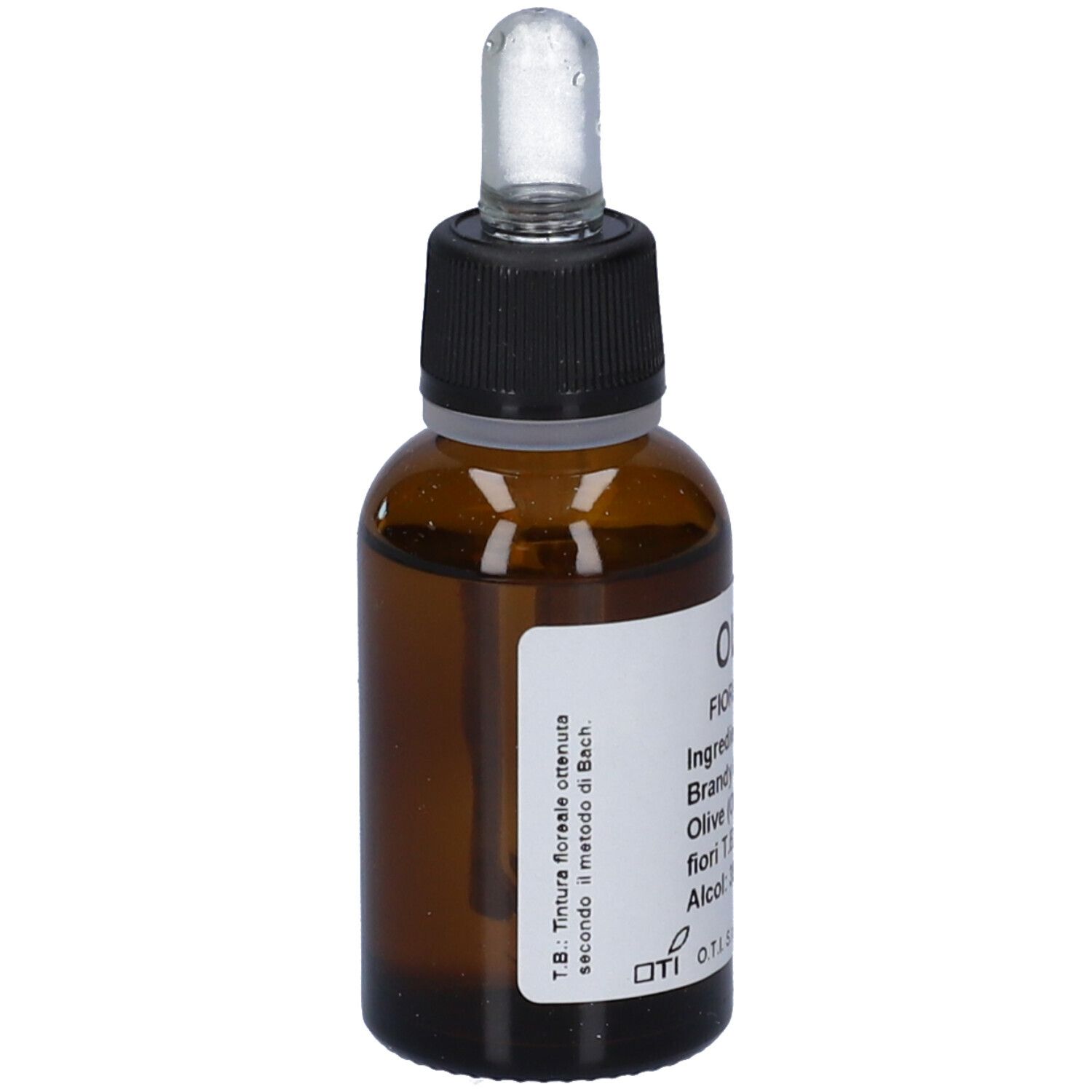 Flacone di vetro marrone con tappo nero e contagocce. Etichetta con informazioni sul prodotto. Vista laterale.