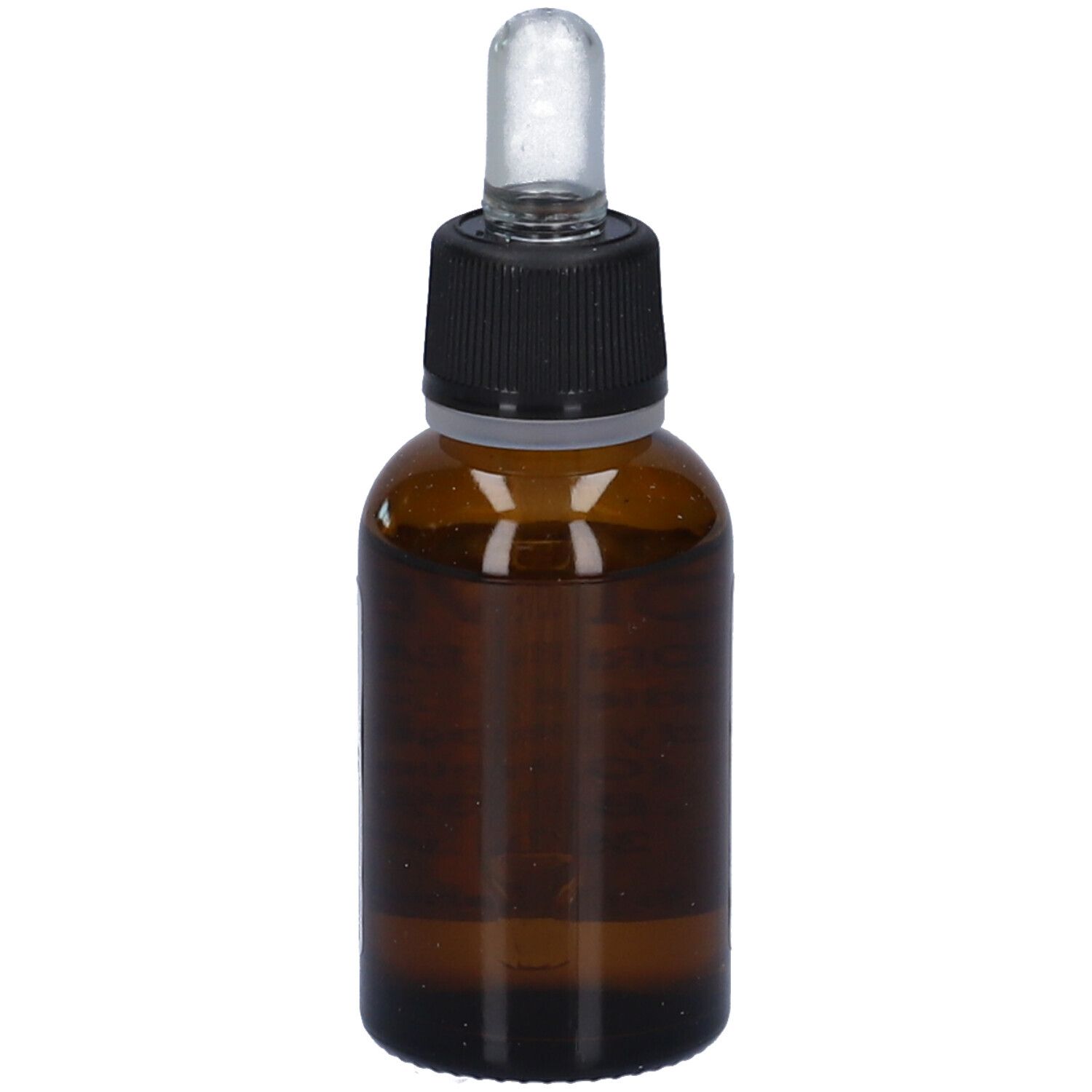 Flacone di vetro marrone con tappo nero e contagocce. Prodotto senza etichetta. Vista dall'alto.