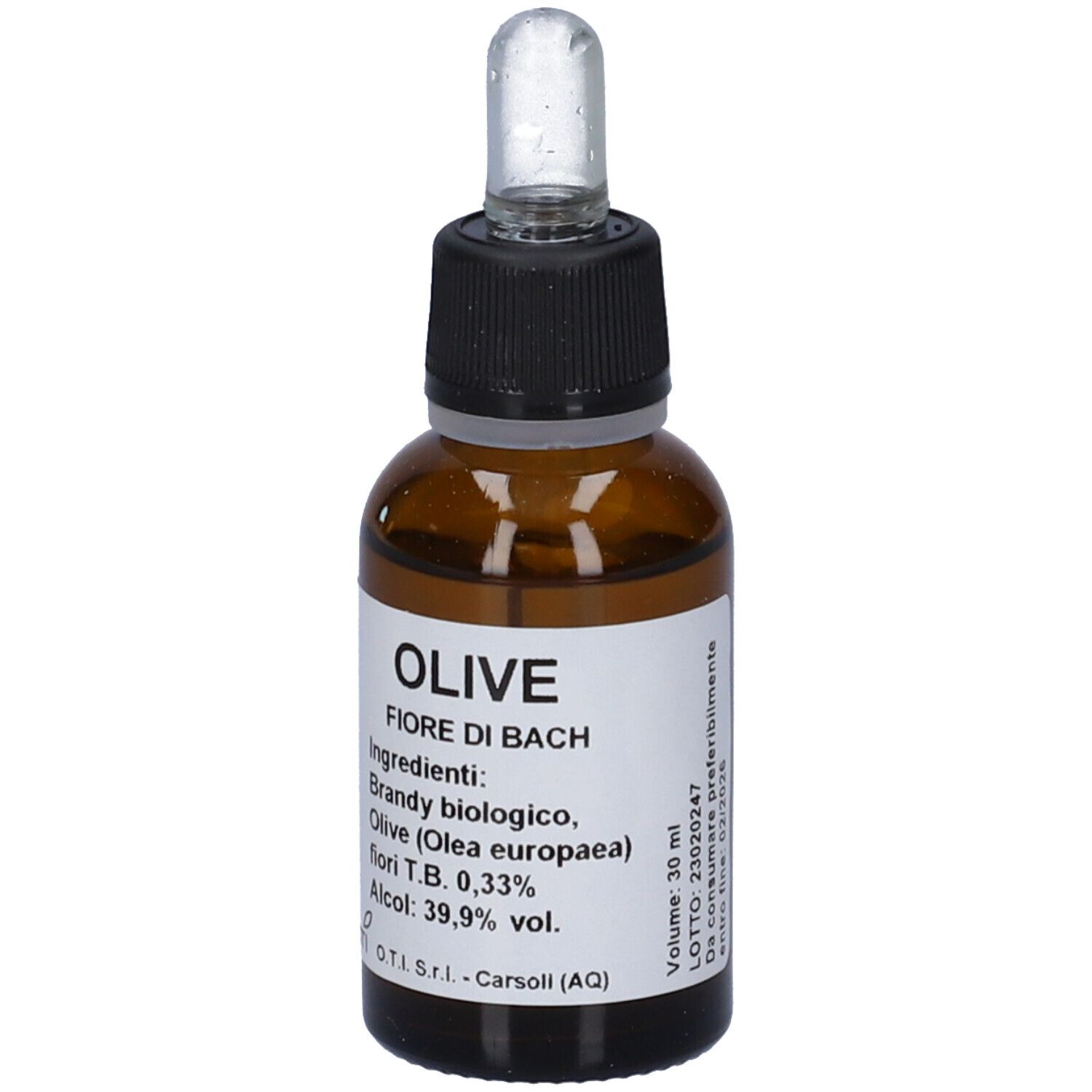 Flacone di vetro marrone con tappo nero e contagocce. Etichetta con informazioni sul prodotto. Vista dall'alto.