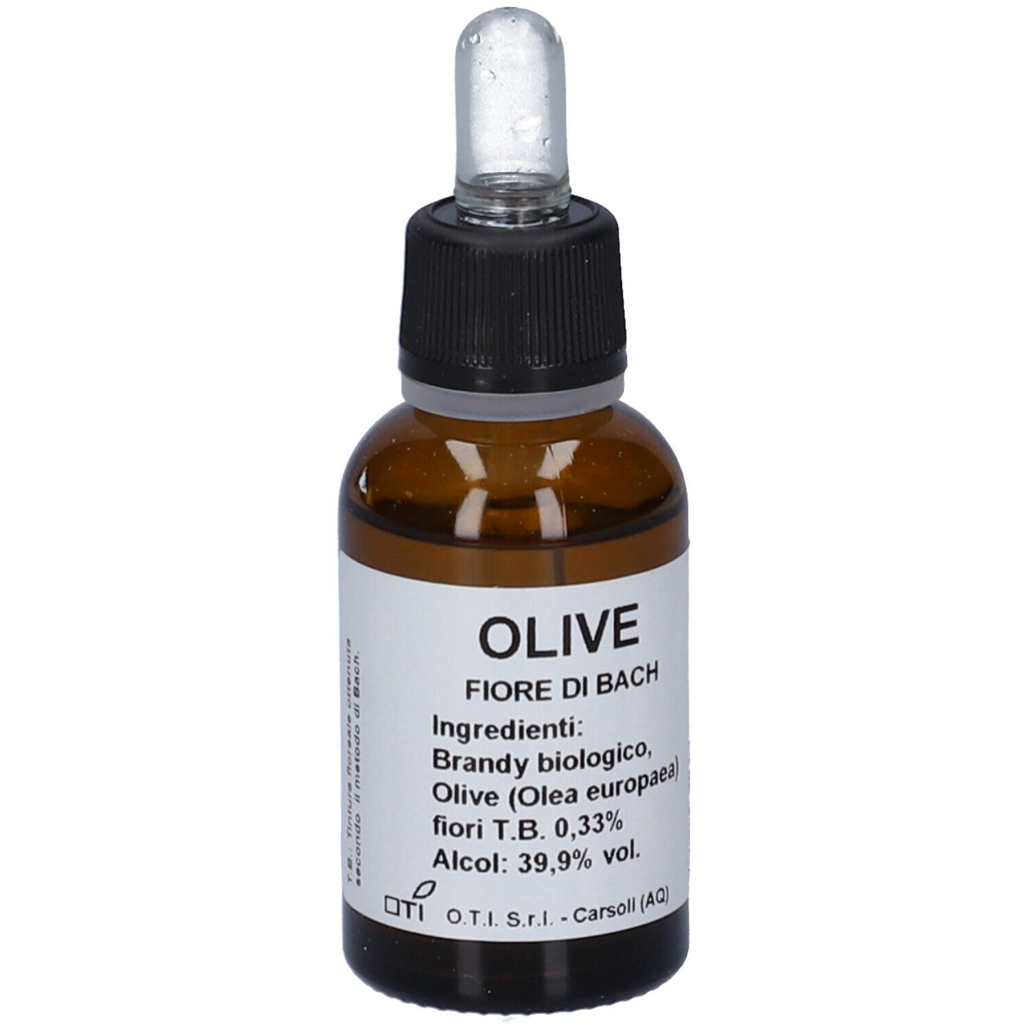 Flacone di vetro marrone con tappo nero e contagocce. Etichetta con informazioni sul prodotto. Vista dall'alto.