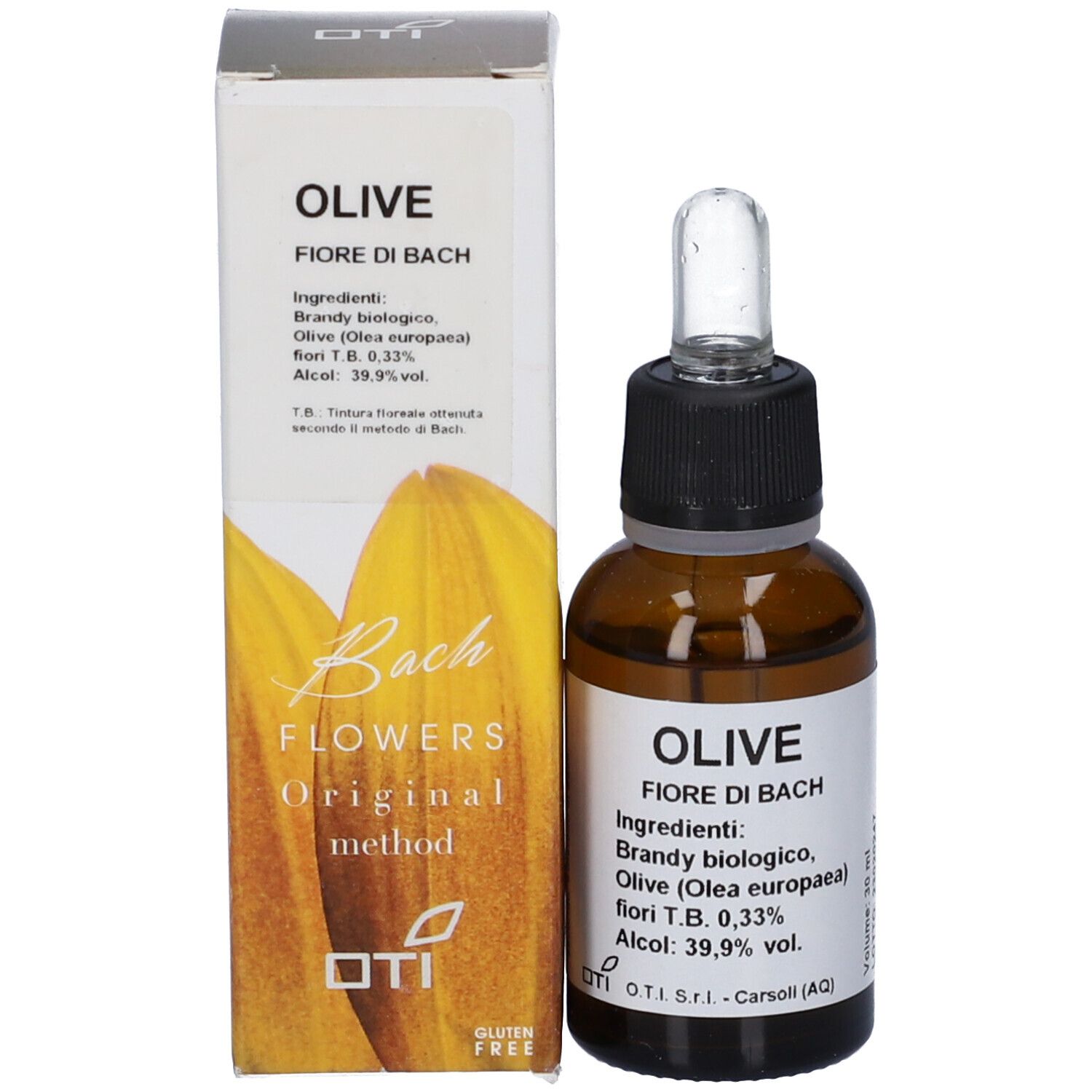 Flacone di vetro marrone con tappo nero e contagocce, accanto a una scatola bianca. Scritta: OLIVE.