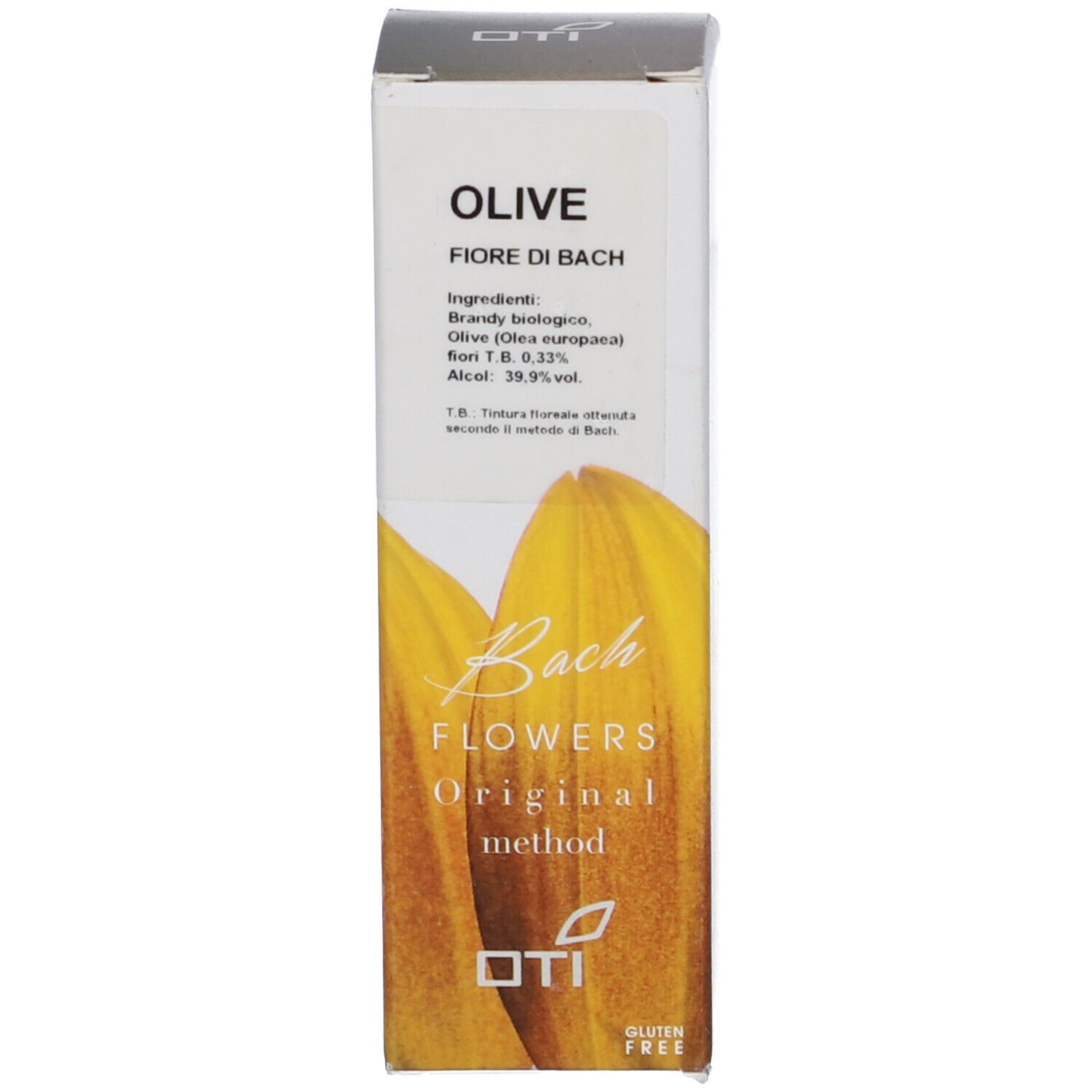 Scatola bianca con design giallo e scritta: OLIVE. Informazioni sul prodotto e logo.