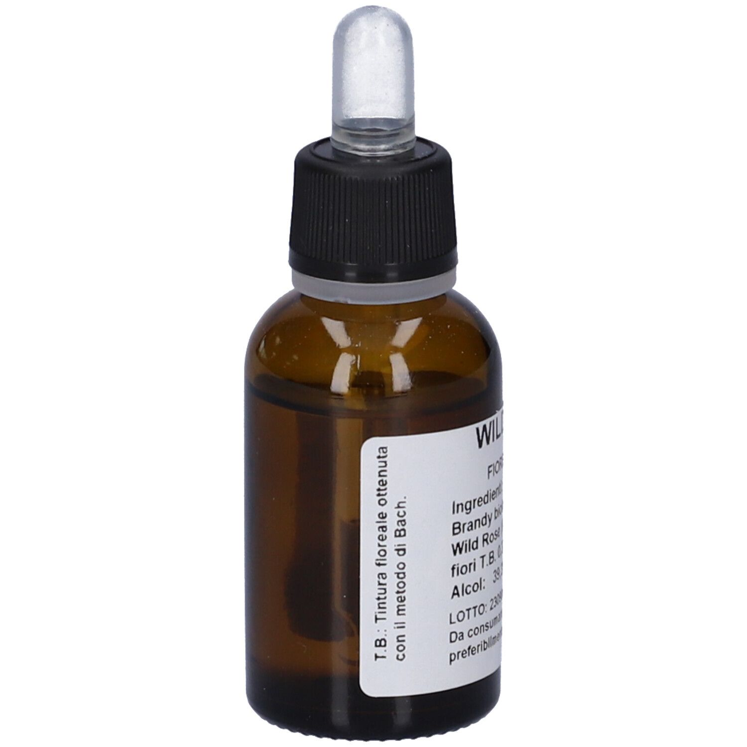 Flacone di vetro marrone con tappo nero e contagocce. Etichetta con informazioni sul prodotto. Scritta: Wild Rose Fiore di Bach.