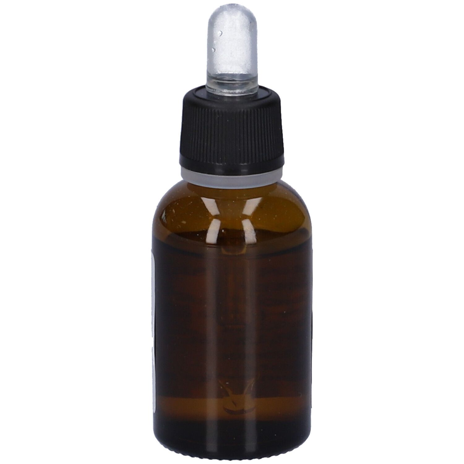 Flacone di vetro marrone con tappo nero e contagocce. Nessuna etichetta visibile.