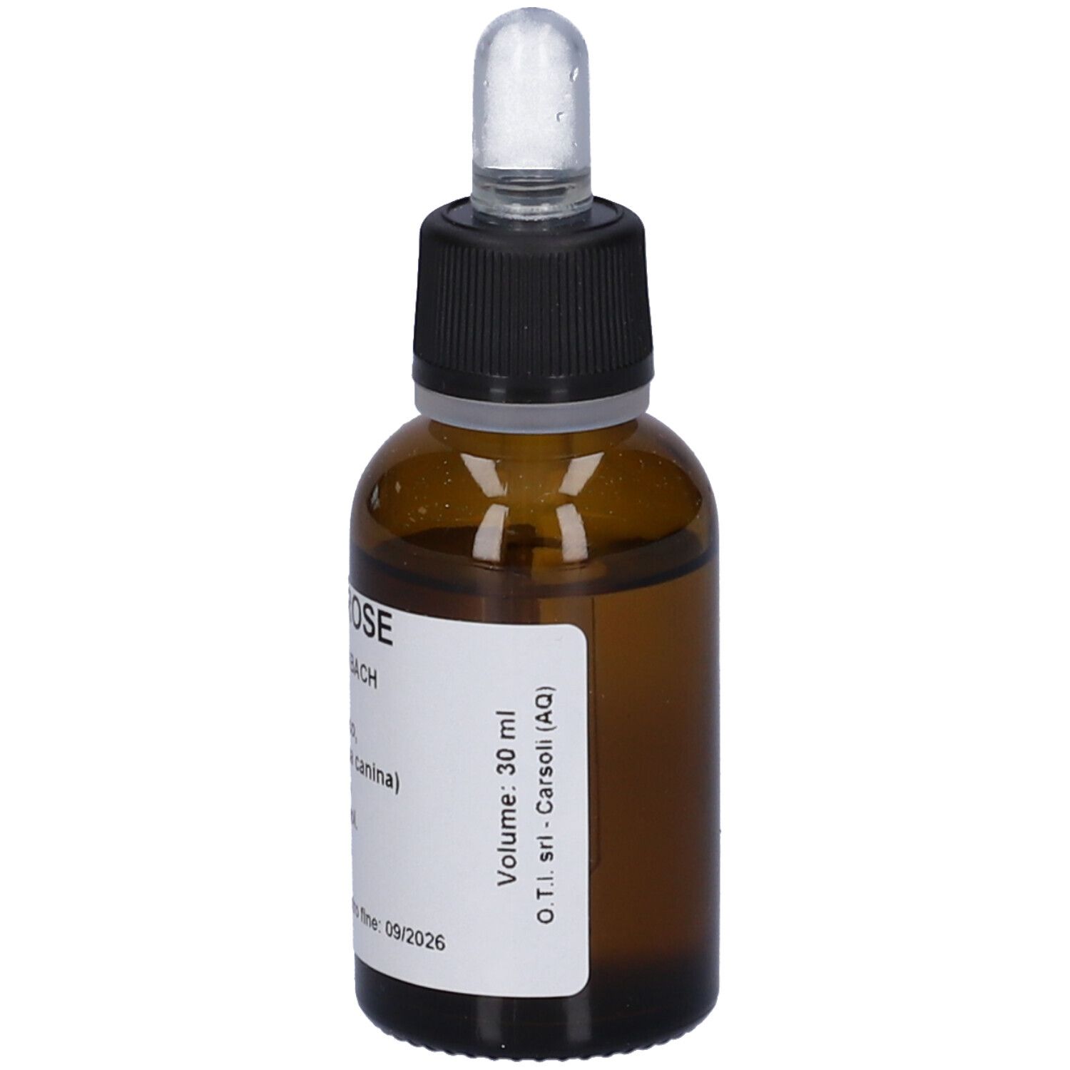 Flacone di vetro marrone con tappo nero e contagocce. Etichetta con informazioni sul prodotto. Scritta: Wild Rose Fiore di Bach.