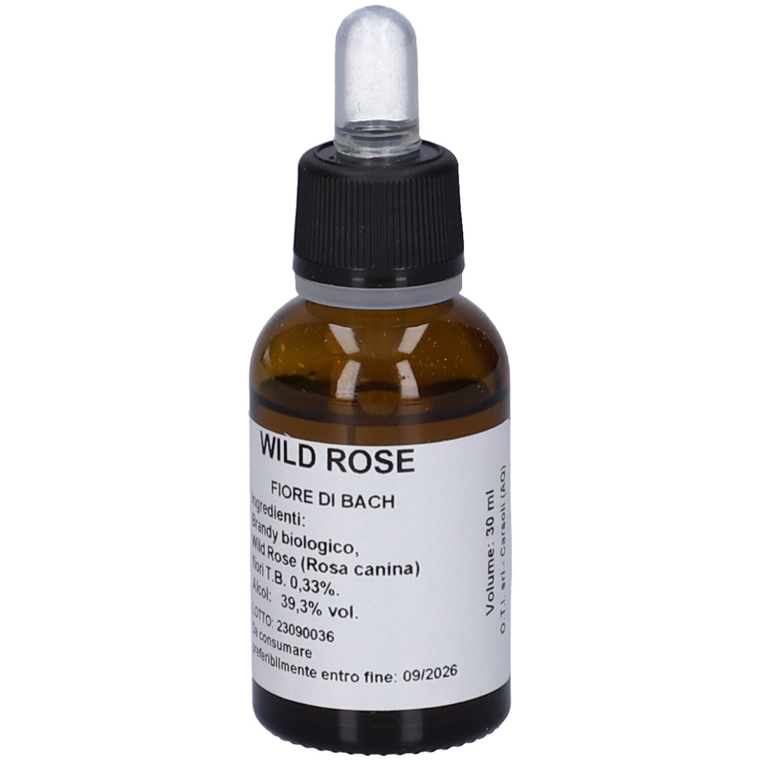 Flacone di vetro marrone con tappo nero e contagocce. Etichetta con informazioni sul prodotto. Scritta: Wild Rose Fiore di Bach.