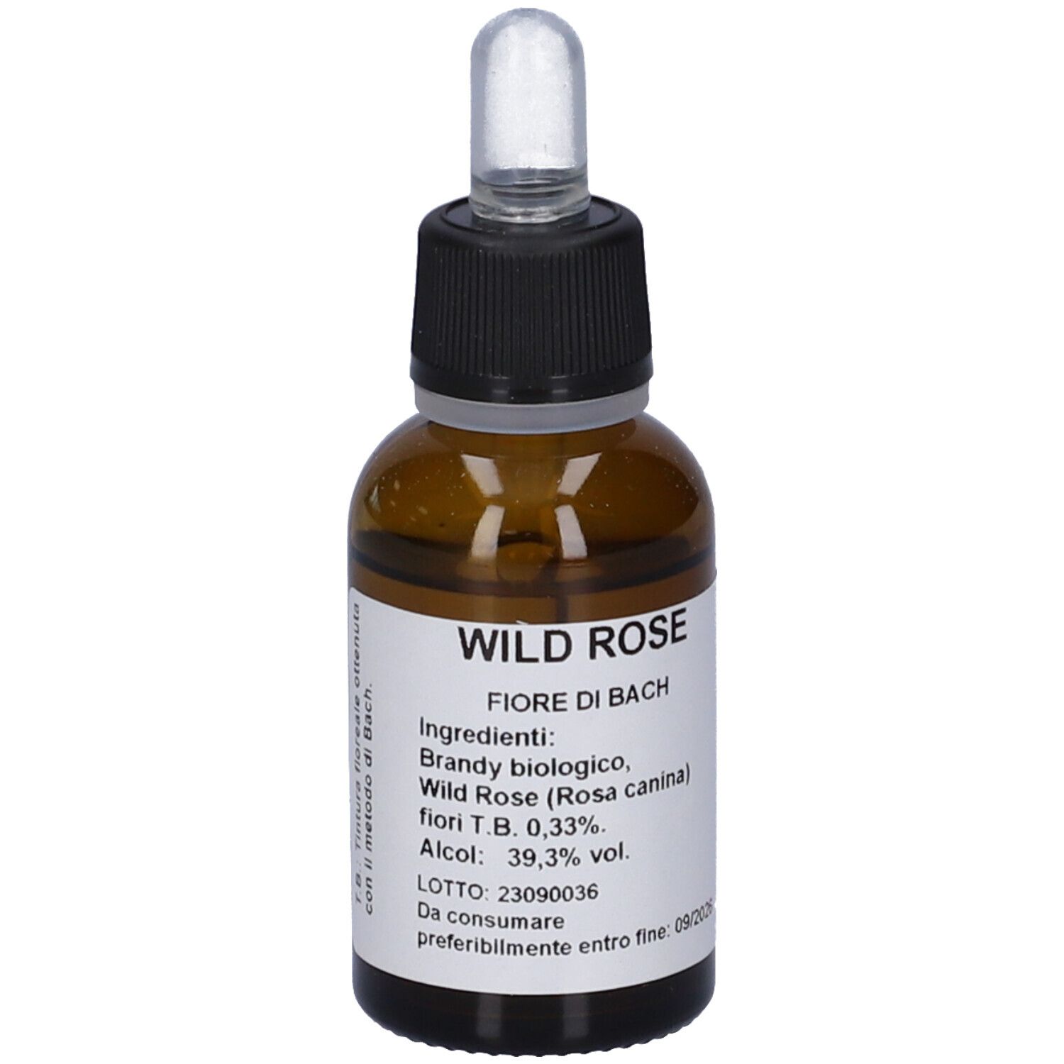Flacone di vetro marrone con tappo nero e contagocce. Etichetta con informazioni sul prodotto. Scritta: Wild Rose Fiore di Bach.