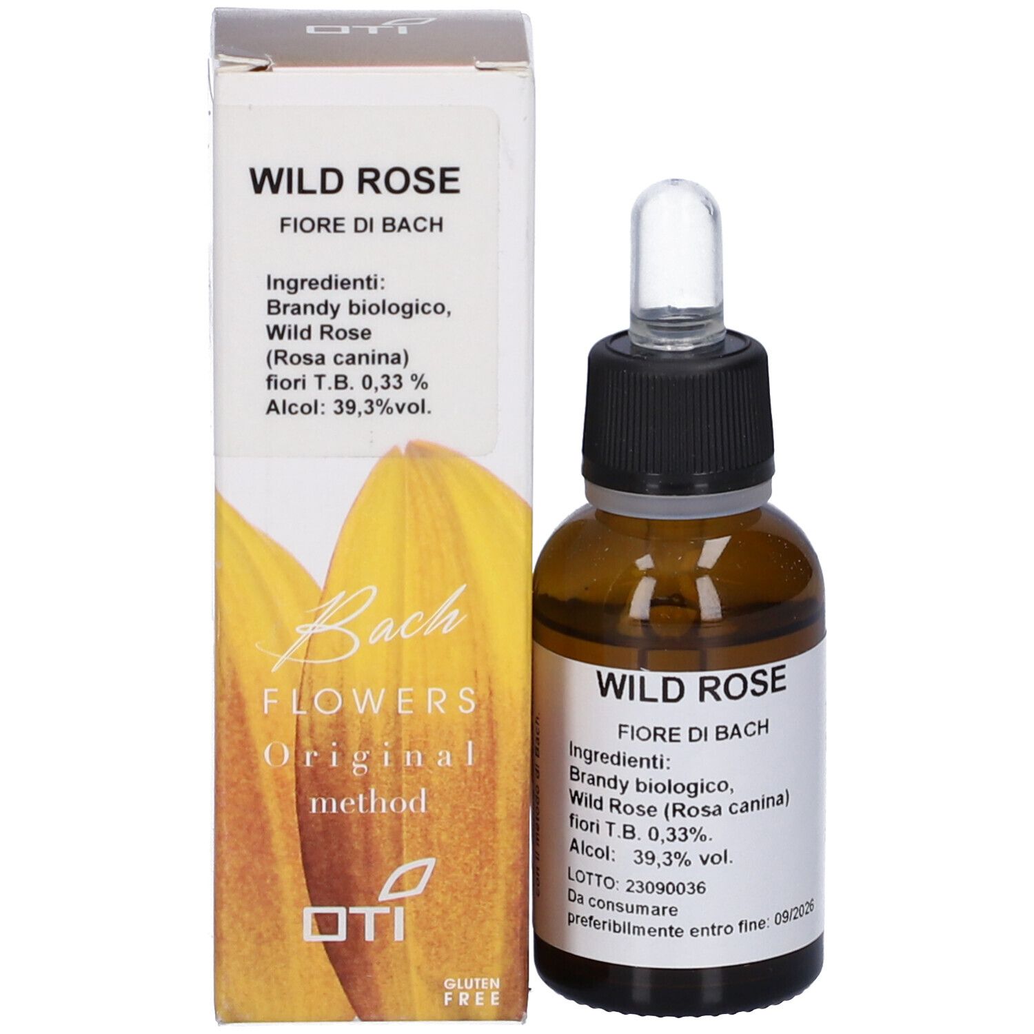 Flacone di vetro marrone con tappo nero e contagocce, accanto a una scatola bianca. Scritta: Wild Rose Fiore di Bach.