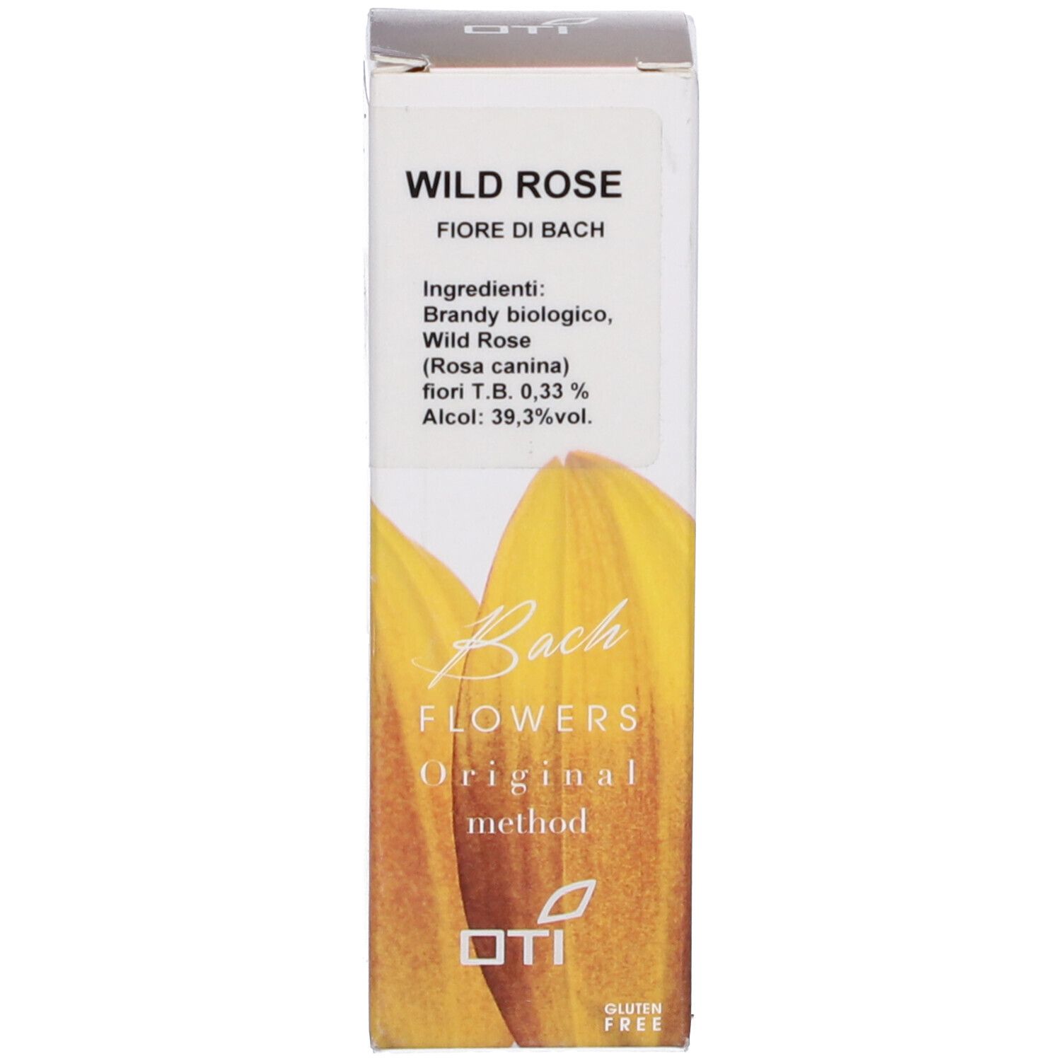 Scatola bianca con fiori gialli e informazioni sul prodotto. Scritta: Wild Rose Fiore di Bach.