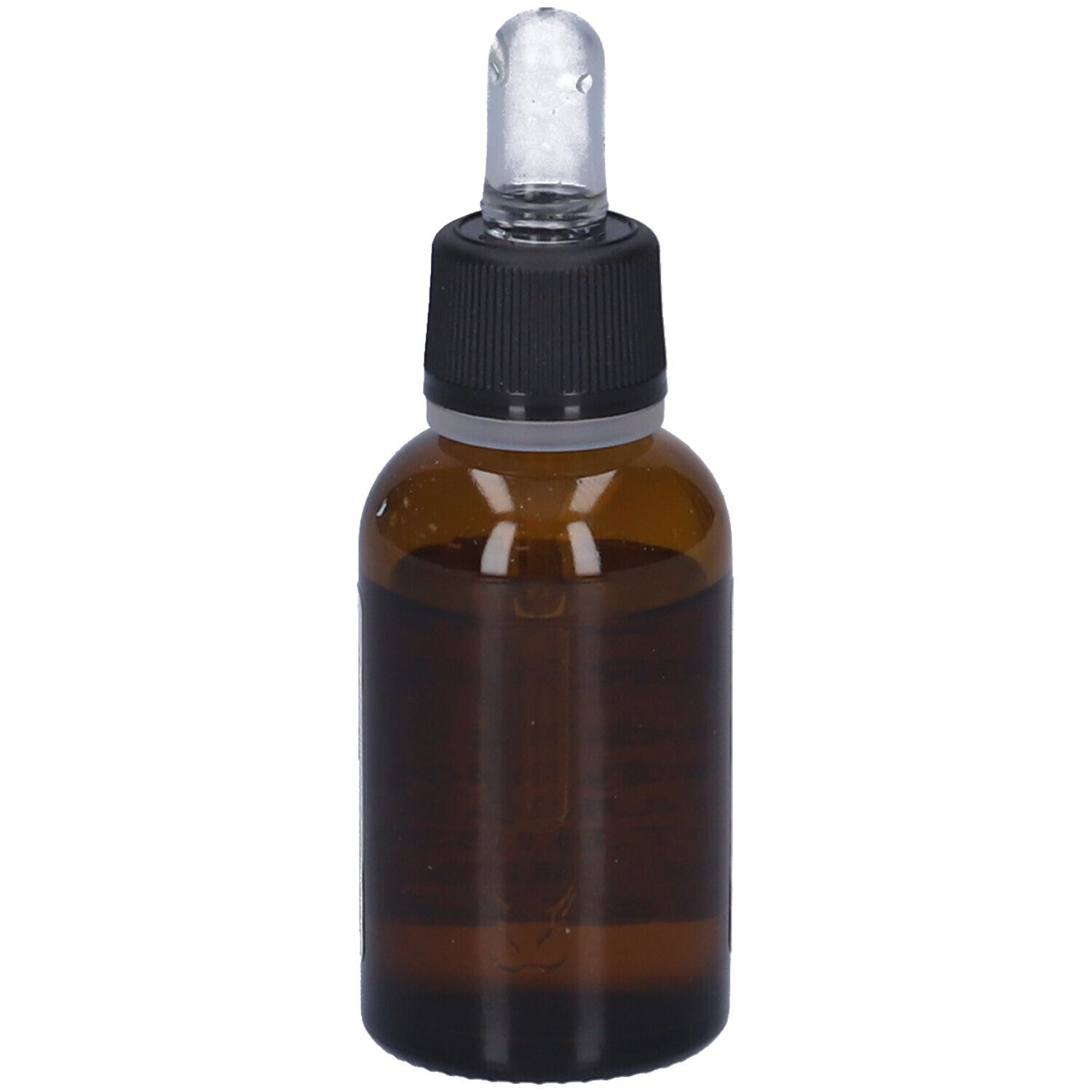 Flacone di vetro marrone con tappo nero e contagocce. Liquido visibile.