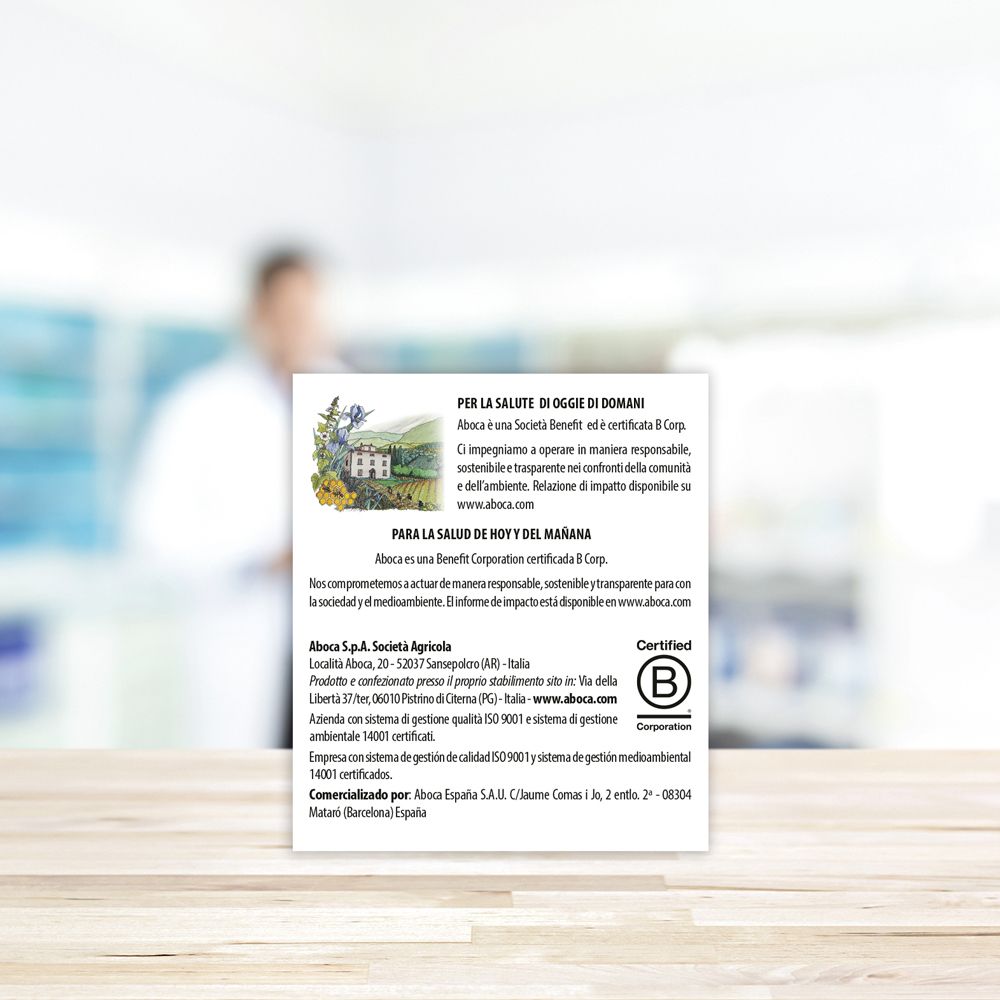 Scheda con testo in italiano. Contiene informazioni sull'azienda Aboca e le certificazioni.