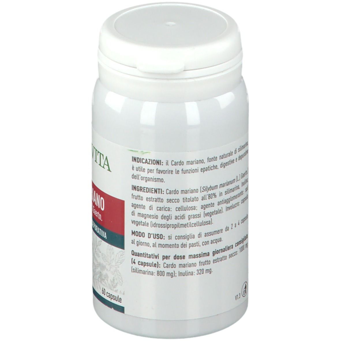 Barattolo bianco con coperchio. Retro con testo. Scritta: ERBA VITA, Cardo Mariano. 60 capsule.