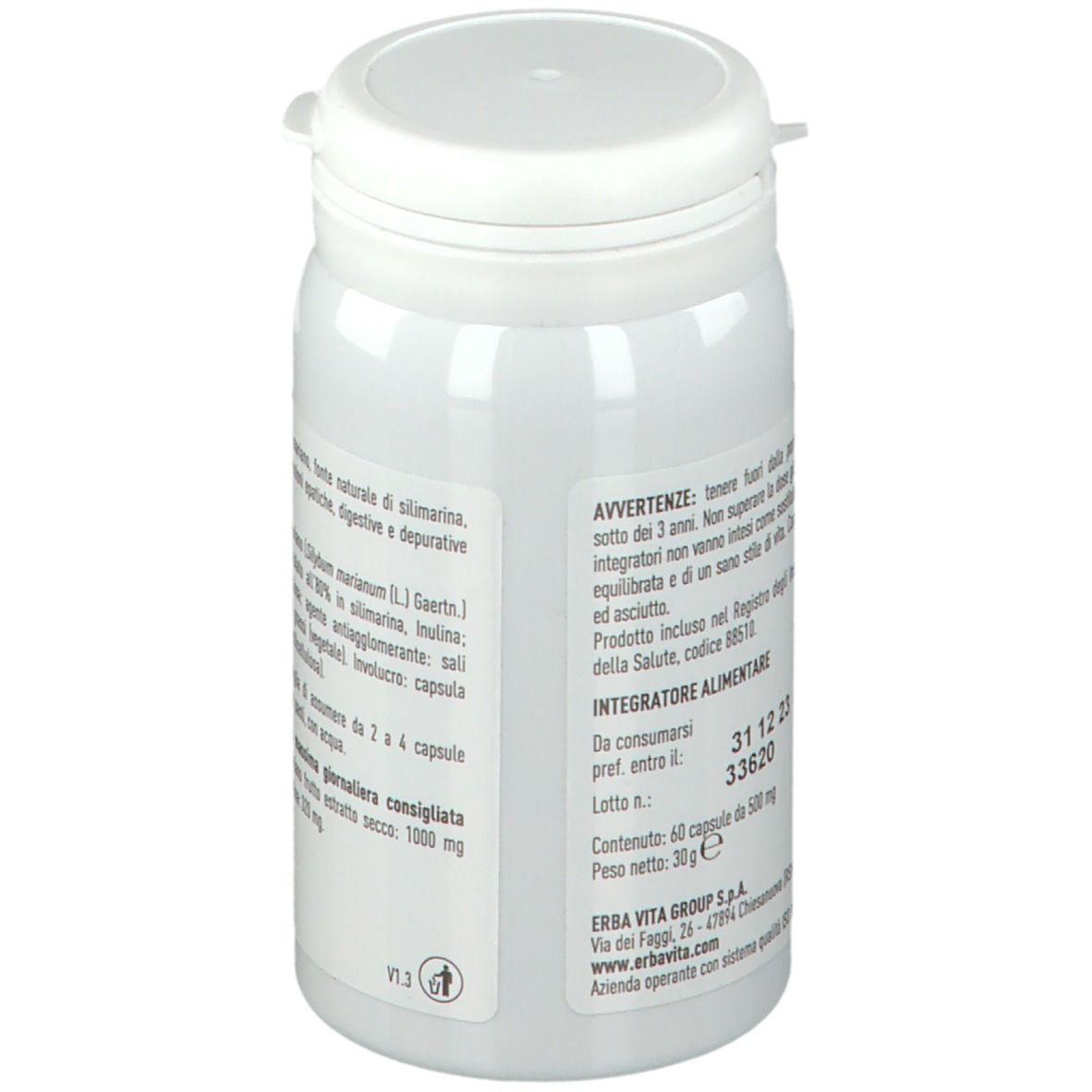 Barattolo bianco con coperchio. Retro con testo. Scritta: ERBA VITA. Scadenza: 31.12.23.