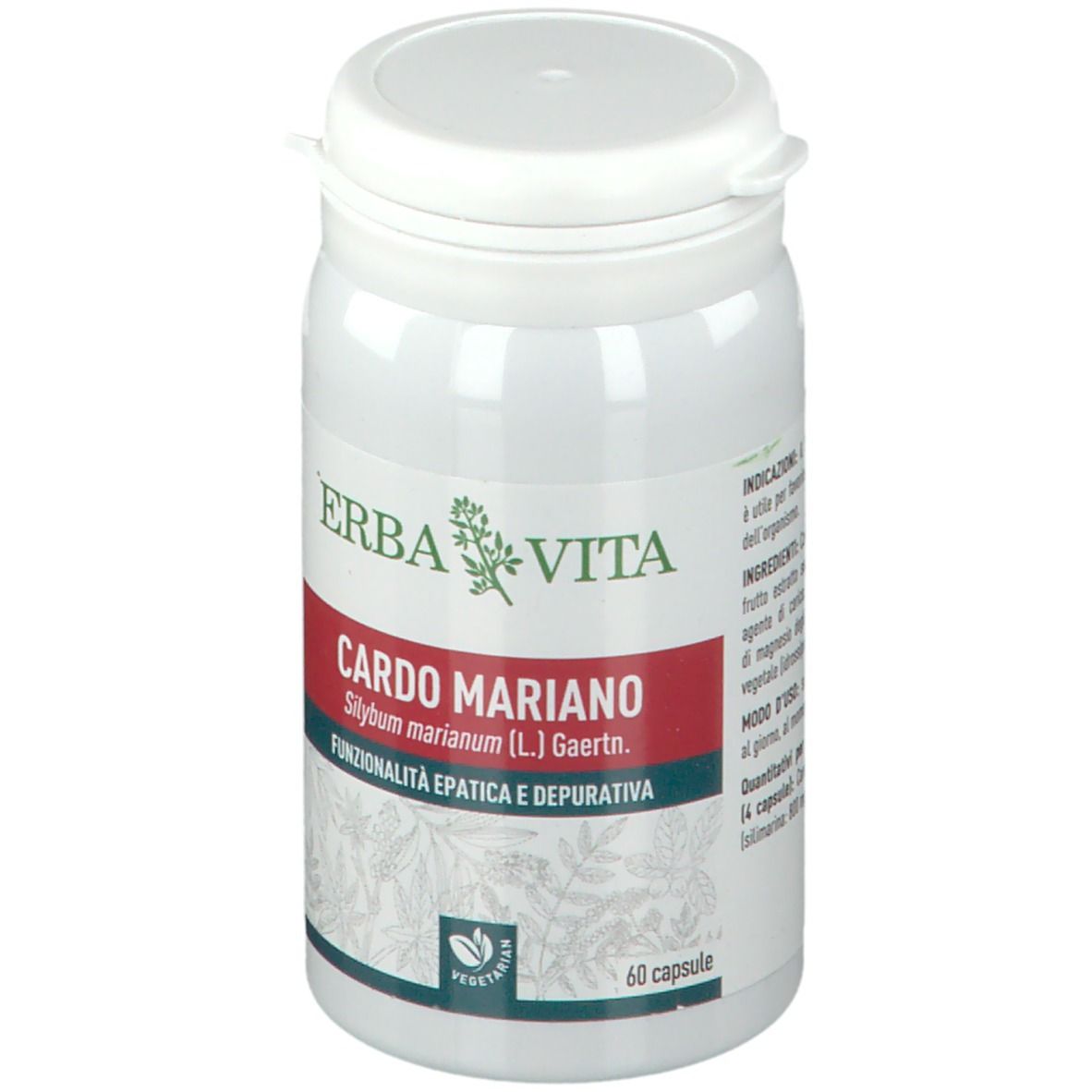 Barattolo bianco con coperchio. Scritta: ERBA VITA, Cardo Mariano. 60 capsule. Vegetariano.