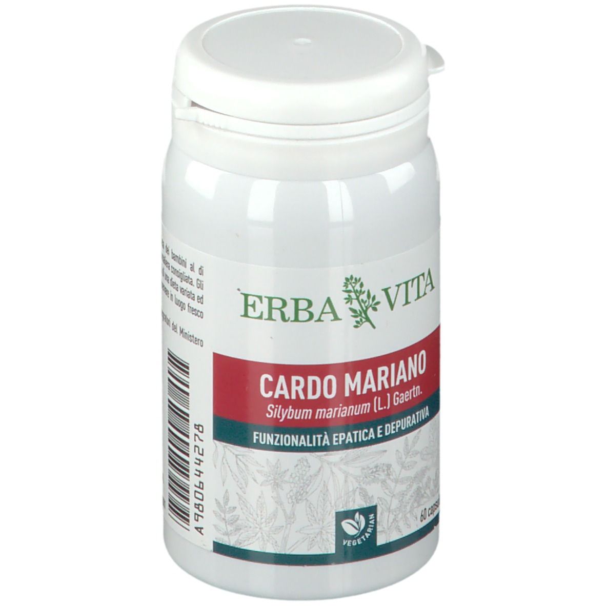Barattolo bianco con coperchio. Scritta: ERBA VITA, Cardo Mariano. 60 capsule. Vegetariano.