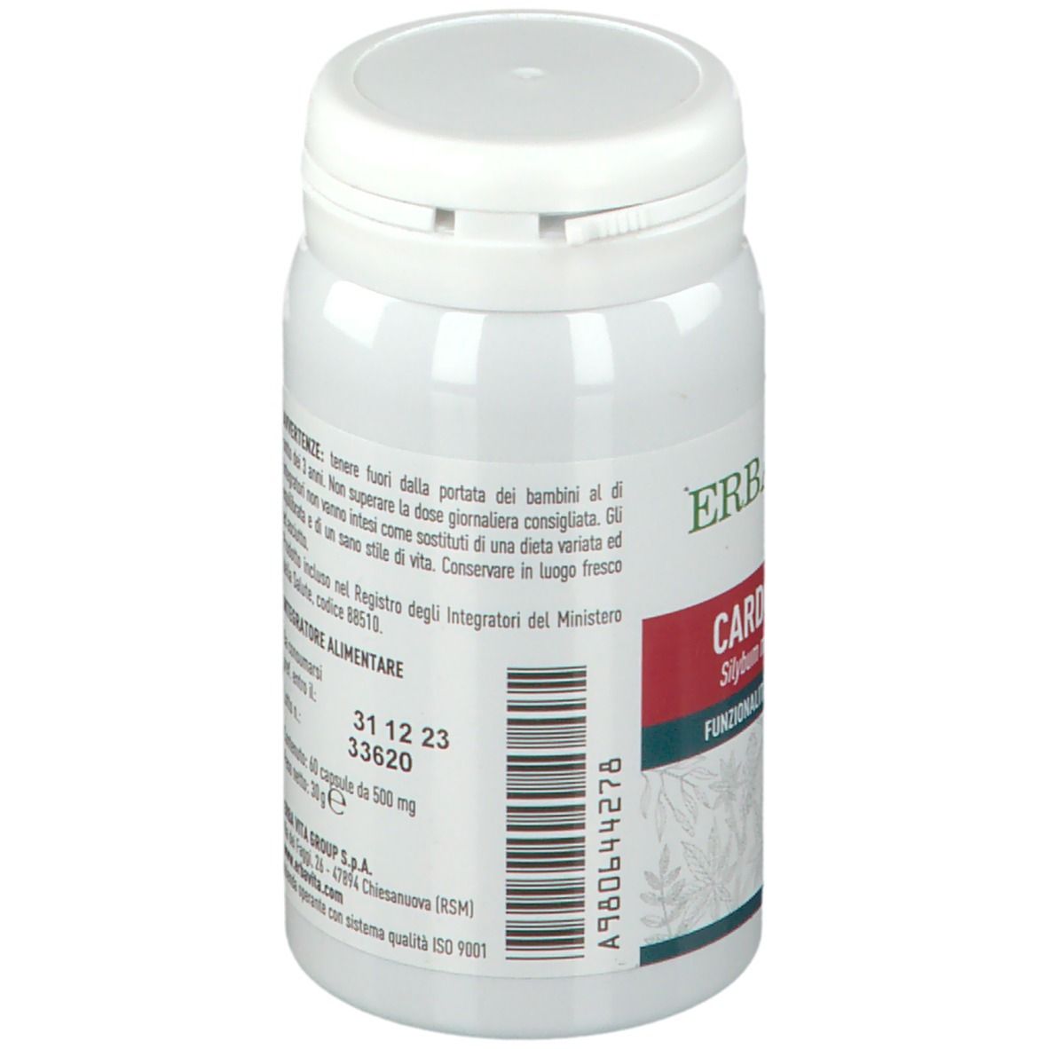 Barattolo bianco con coperchio. Retro con testo. Scritta: ERBA VITA, Cardo Mariano. 60 capsule. Scadenza.