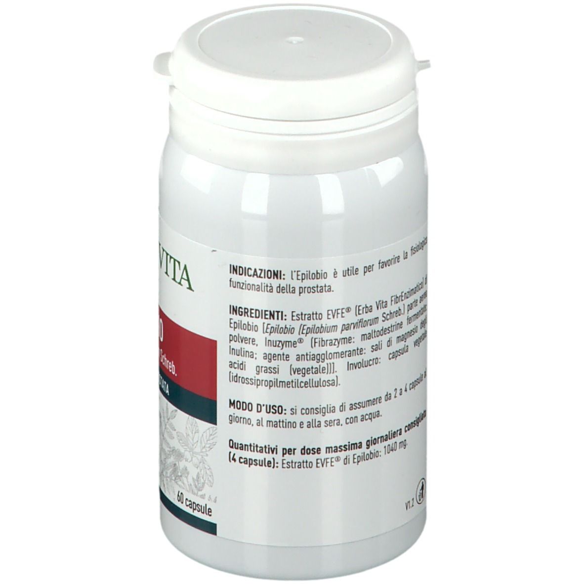 Flacone bianco con fascia rossa. Scritta: ERBA VITA, EPILOBIO, 60 capsule. Elenco ingredienti e istruzioni per l'uso.