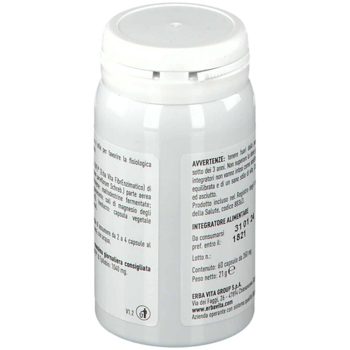 Flacone bianco. Scritta: ERBA VITA, EPILOBIO, 60 capsule. Avvertenze e informazioni nutrizionali.