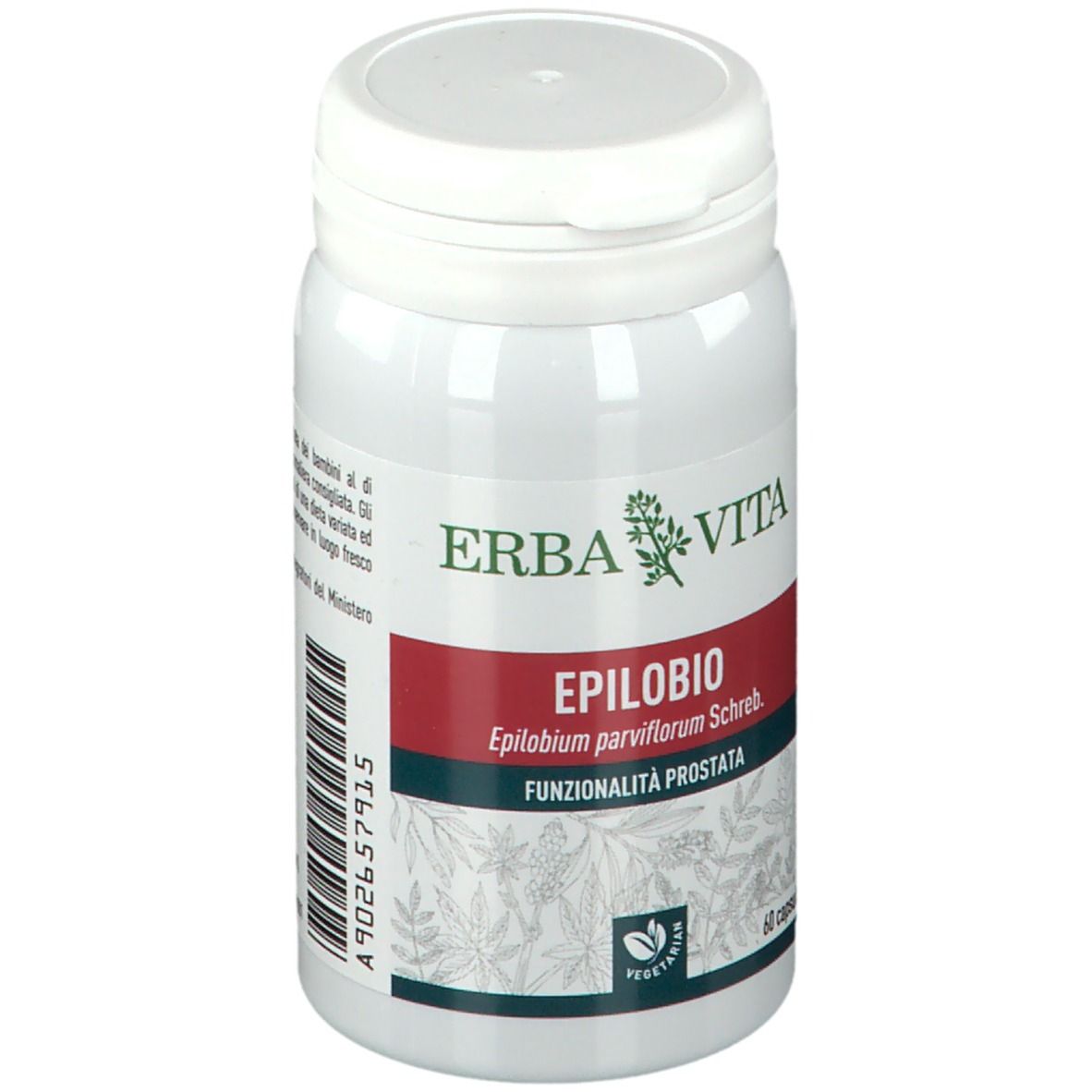 Flacone bianco con fascia rossa. Scritta: ERBA VITA, EPILOBIO, 60 capsule. Sigillo vegetariano.