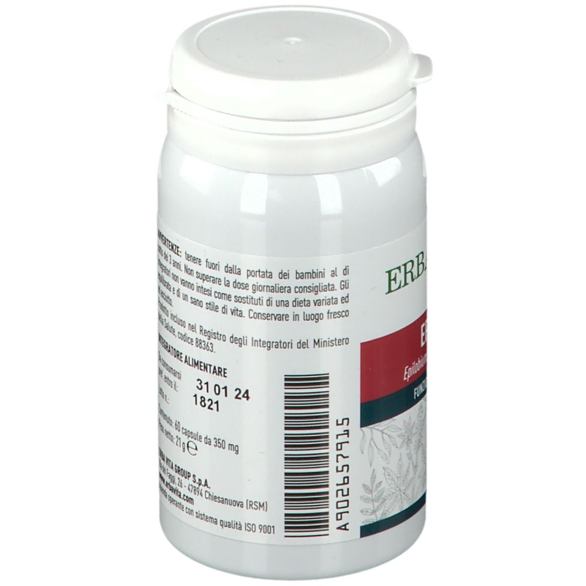 Flacone bianco. Scritta: ERBA VITA, EPILOBIO, 60 capsule. Data di scadenza e informazioni nutrizionali.