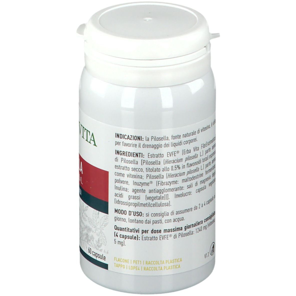 Flacone bianco con informazioni sul prodotto. Marchio ERBA VITA. Elenco ingredienti e istruzioni per l'uso. 60 capsule.