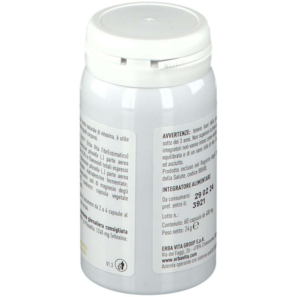 Flacone bianco con informazioni sul prodotto. Marchio ERBA VITA. Avvertenze e data di scadenza. 60 capsule.