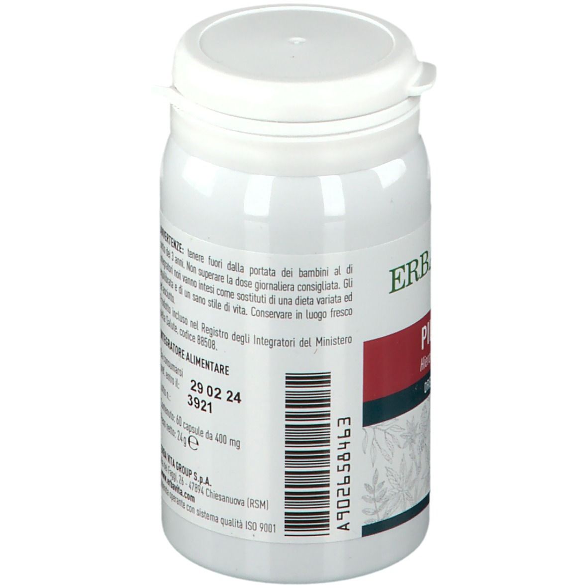 Flacone bianco con informazioni sul prodotto. Marchio ERBA VITA. Avvertenze e data di scadenza. 60 capsule. ISO 9001.