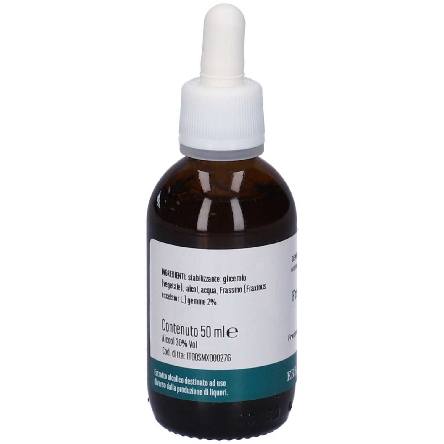Flacone in vetro marrone con tappo bianco e contagocce. Contiene testo. Nome prodotto: Frassino. Marchio: Erba Vita.