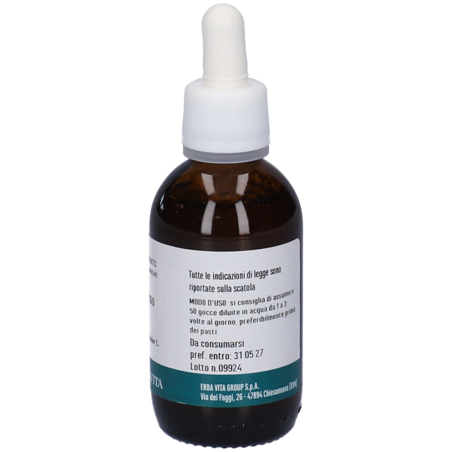Flacone in vetro marrone con tappo bianco e contagocce. Contiene testo. Nome prodotto: Frassino. Marchio: Erba Vita.