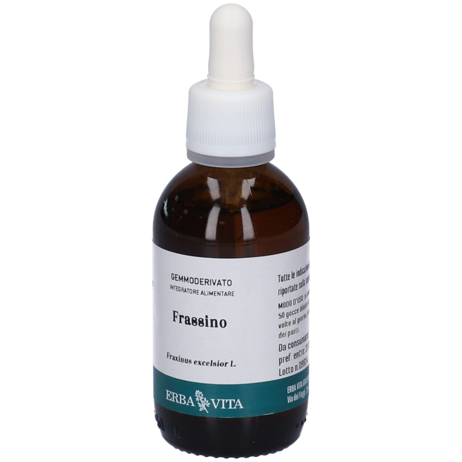 Flacone in vetro marrone con tappo bianco e contagocce. Contiene testo. Nome prodotto: Frassino. Marchio: Erba Vita.