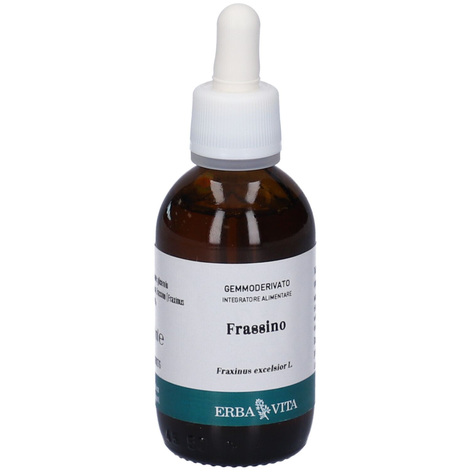 Flacone in vetro marrone con tappo bianco e contagocce. Contiene testo. Nome prodotto: Frassino. Marchio: Erba Vita.