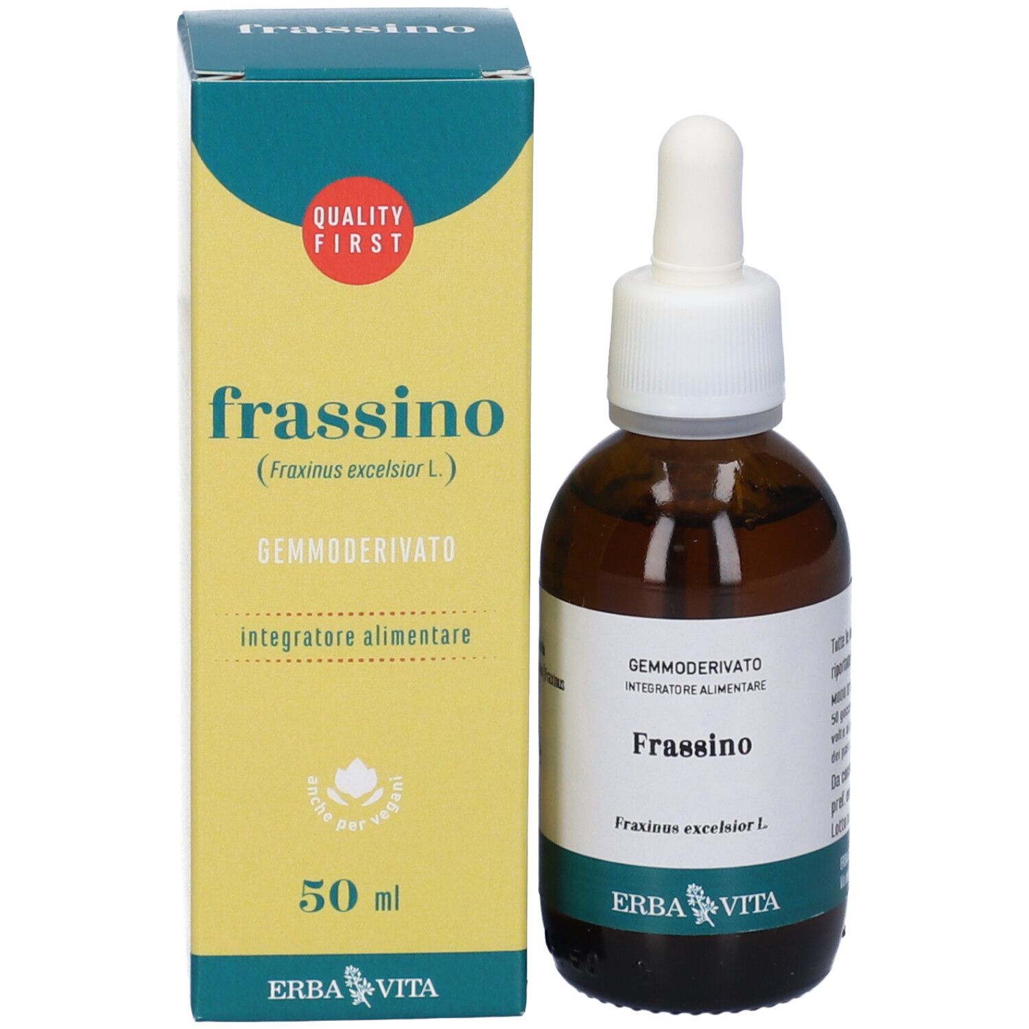 Prodotto e confezione. Scatola gialla con nome prodotto: Frassino. Marchio: Erba Vita. Contiene 50 ml.