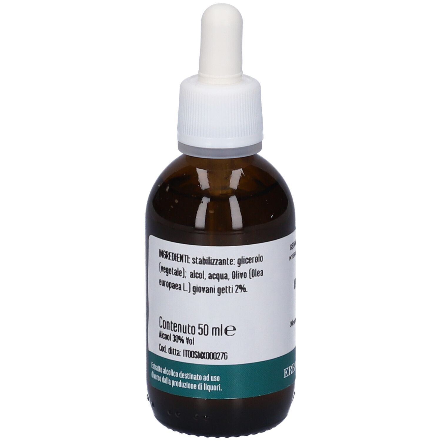 Flacone di vetro marrone con tappo bianco. Etichetta con ingredienti e testo. Marchio Erba Vita.