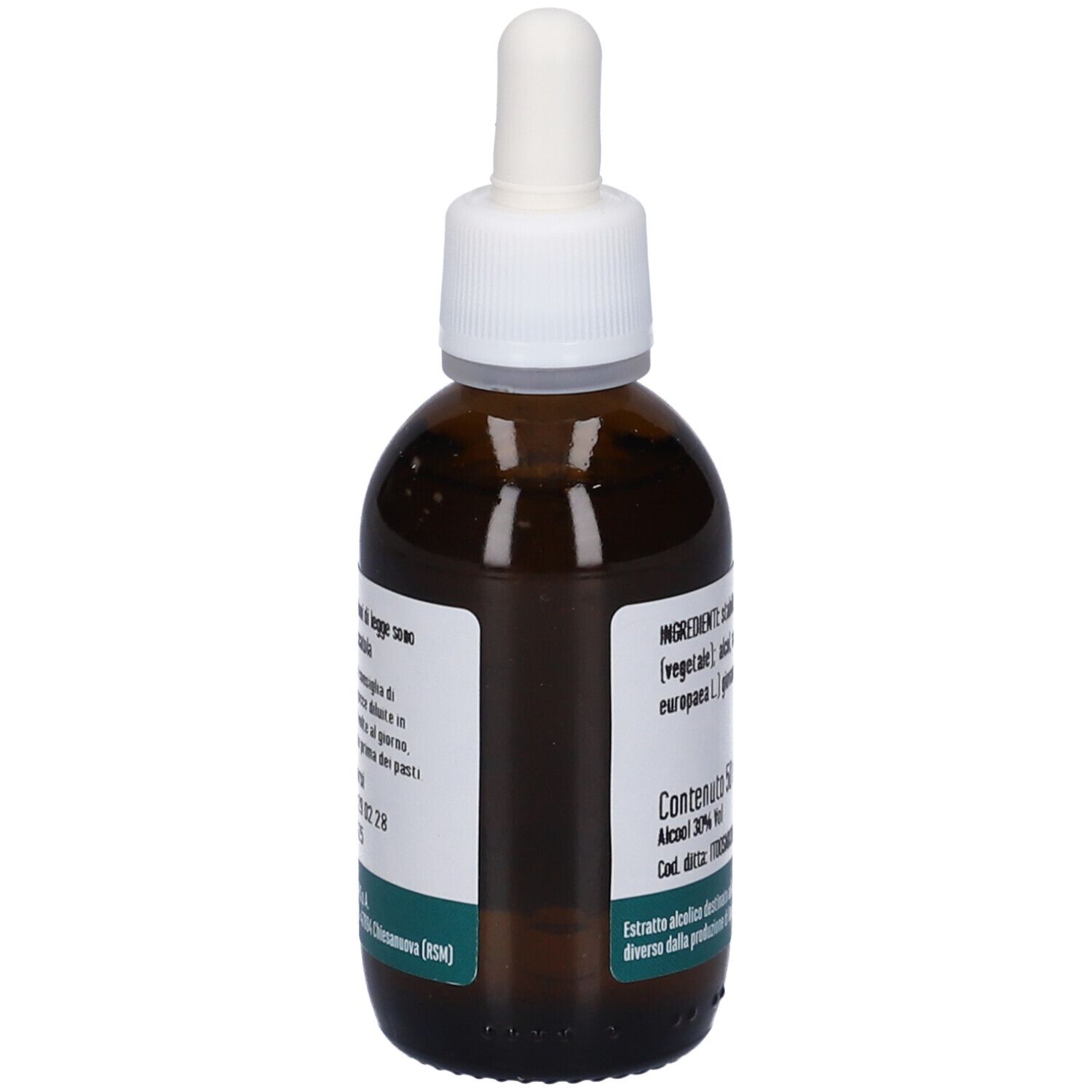 Flacone di vetro marrone con tappo bianco. Etichetta con ingredienti e testo. Marchio Erba Vita.