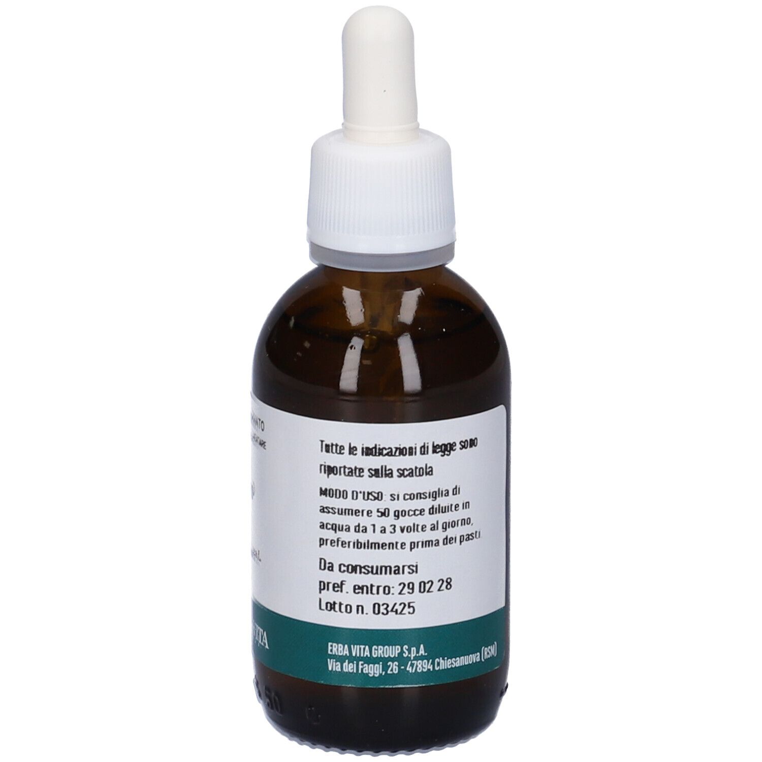 Flacone di vetro marrone con tappo bianco. Etichetta con testo. Marchio Erba Vita.