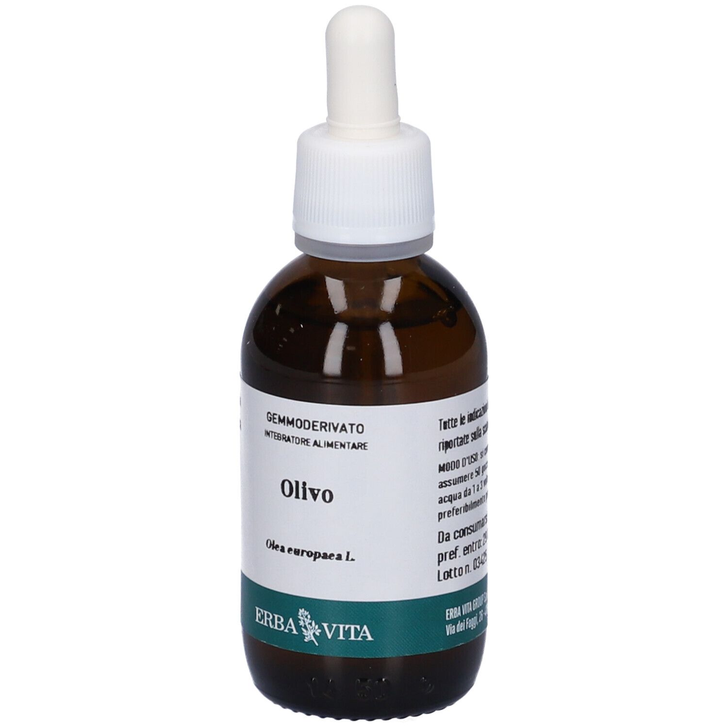 Flacone di vetro marrone con tappo bianco e contagocce. Etichetta con testo. Marchio Erba Vita.